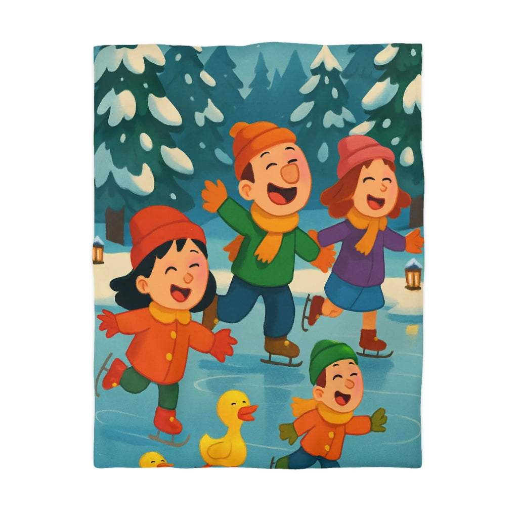 Housse de couette hiver joyeuse avec enfants et petits canards patinant sur glace