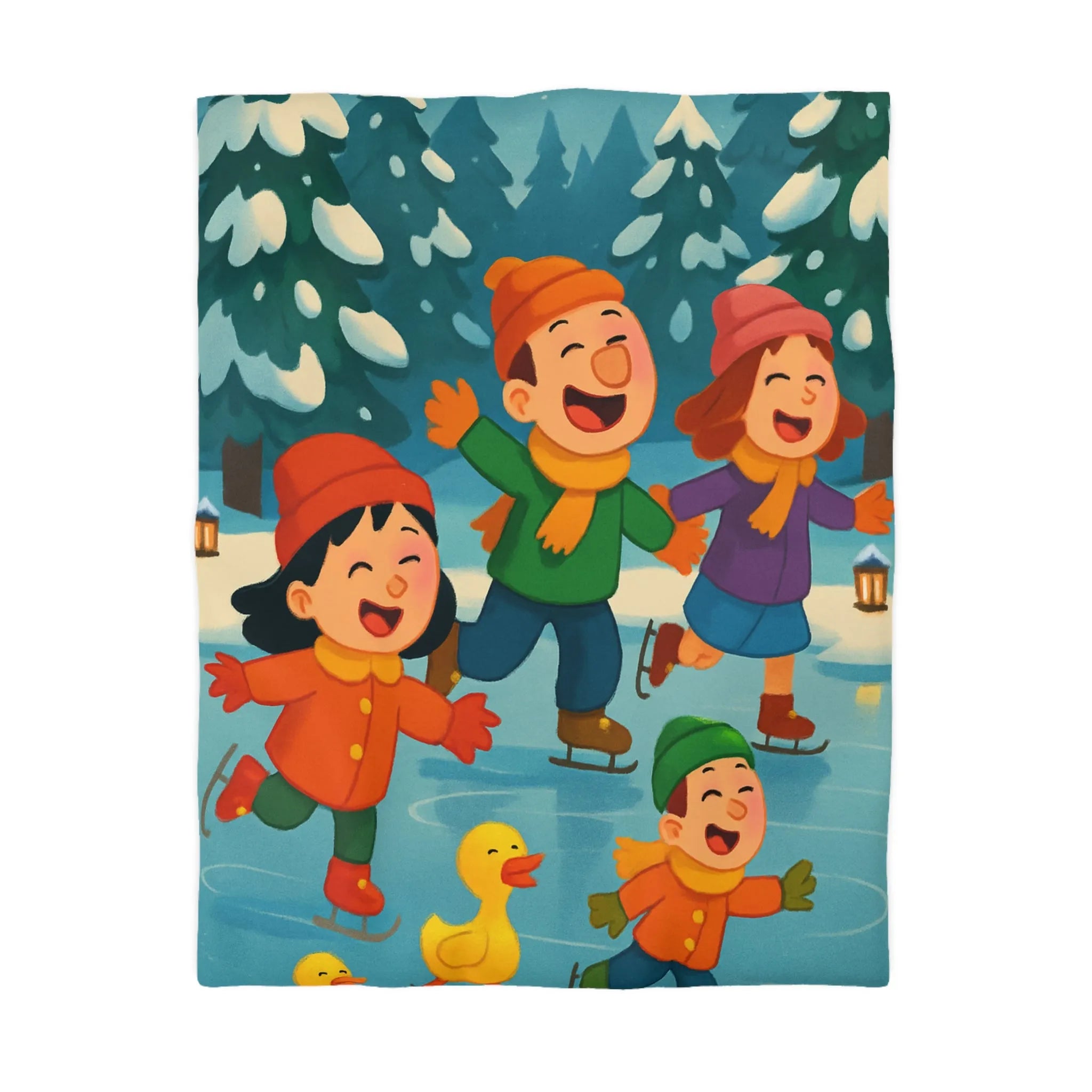 Housse de couette hiver joyeuse avec enfants et petits canards patinant sur glace