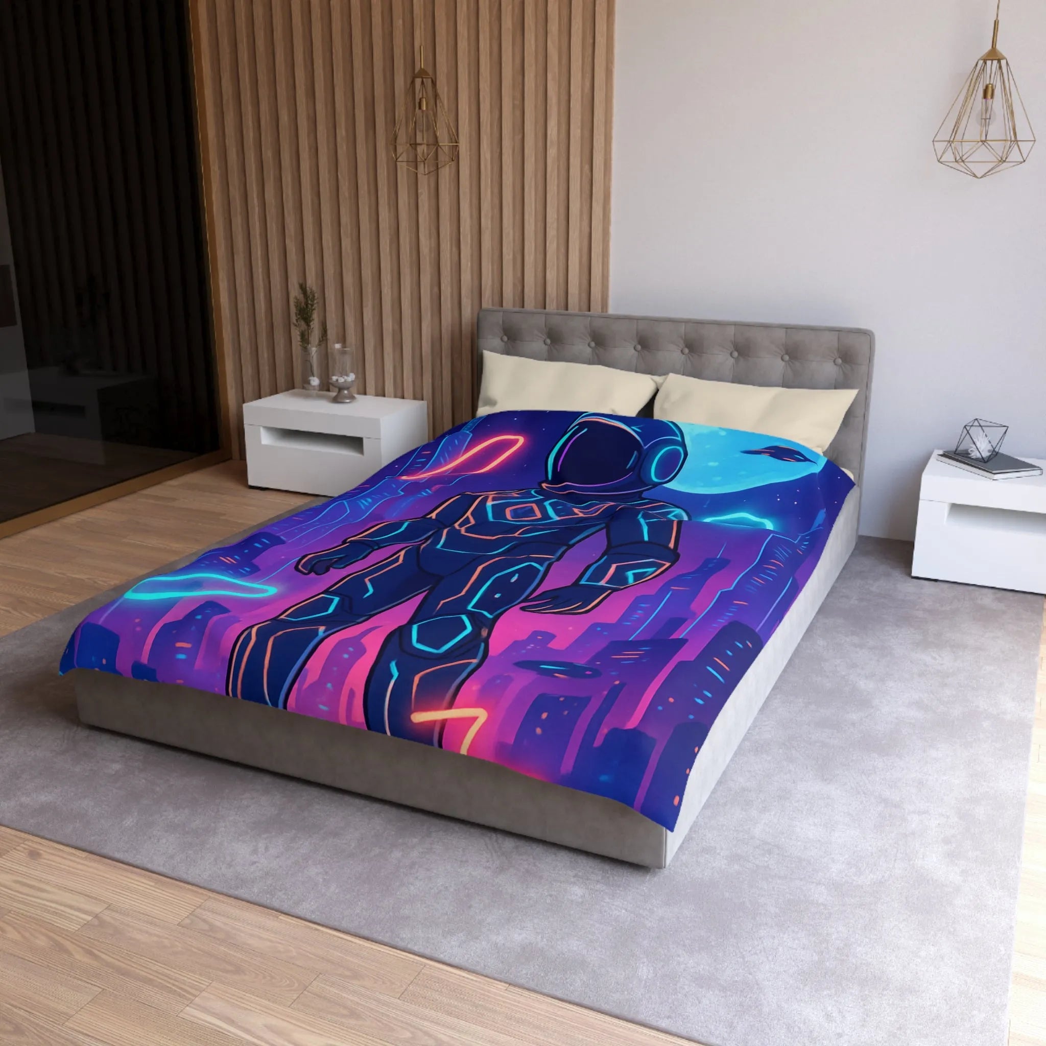 Housse de couette avec astronaute néon, skyline futuriste et vaisseaux spatiaux