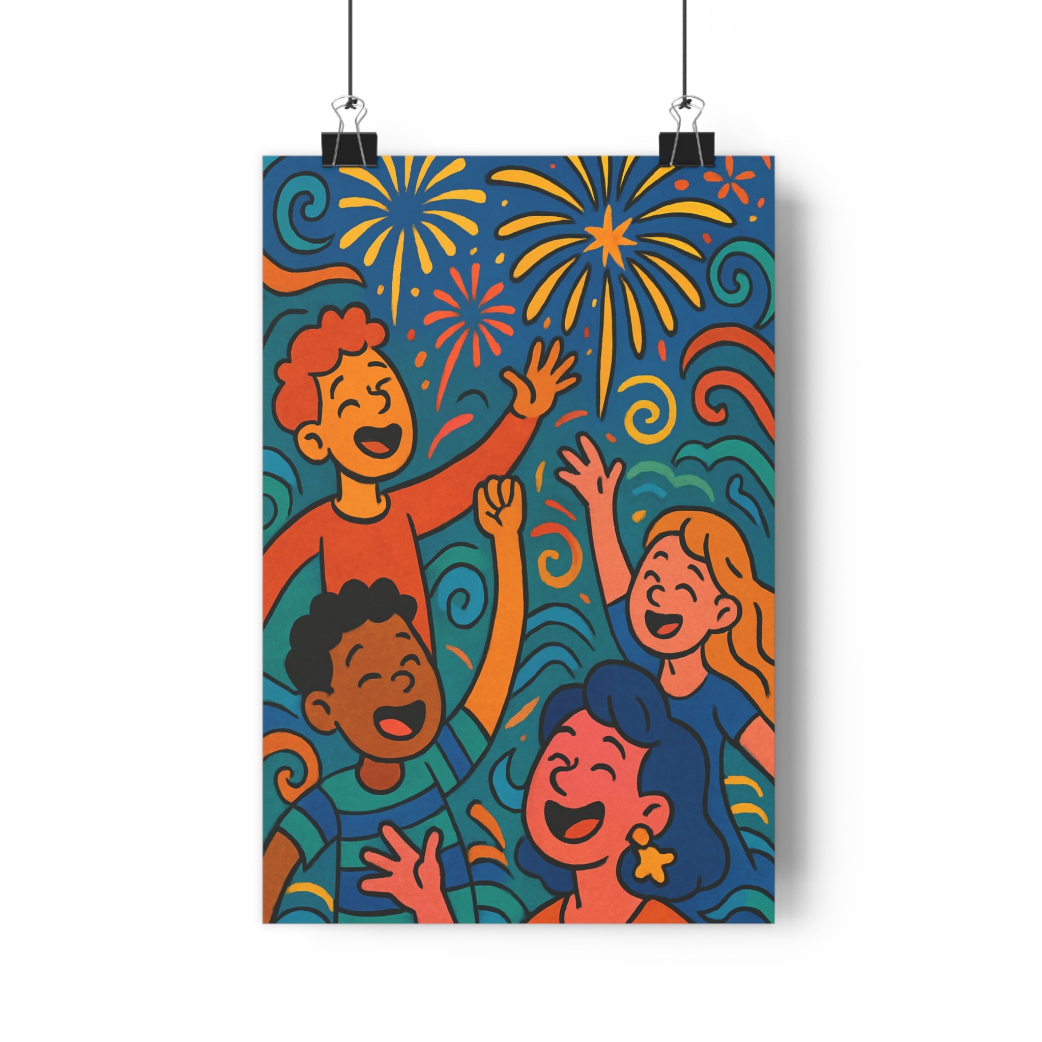 Poster décoratif moderne joyeux personnages couleurs vives bleu jaune salon chambre 30x46 ambiance festive