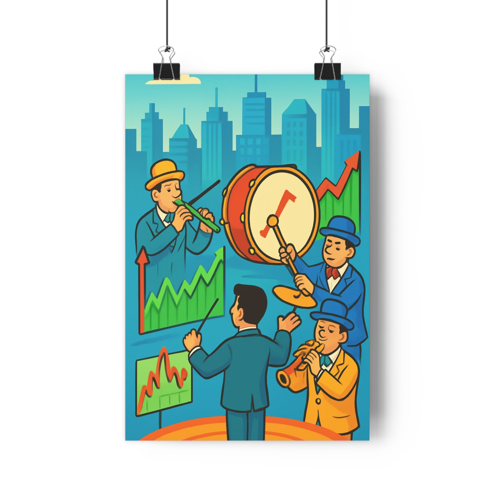 Poster décoratif cartoon surréaliste multicolore vibrant bureau salon art moderne ambiance dynamique orchestrale qualité