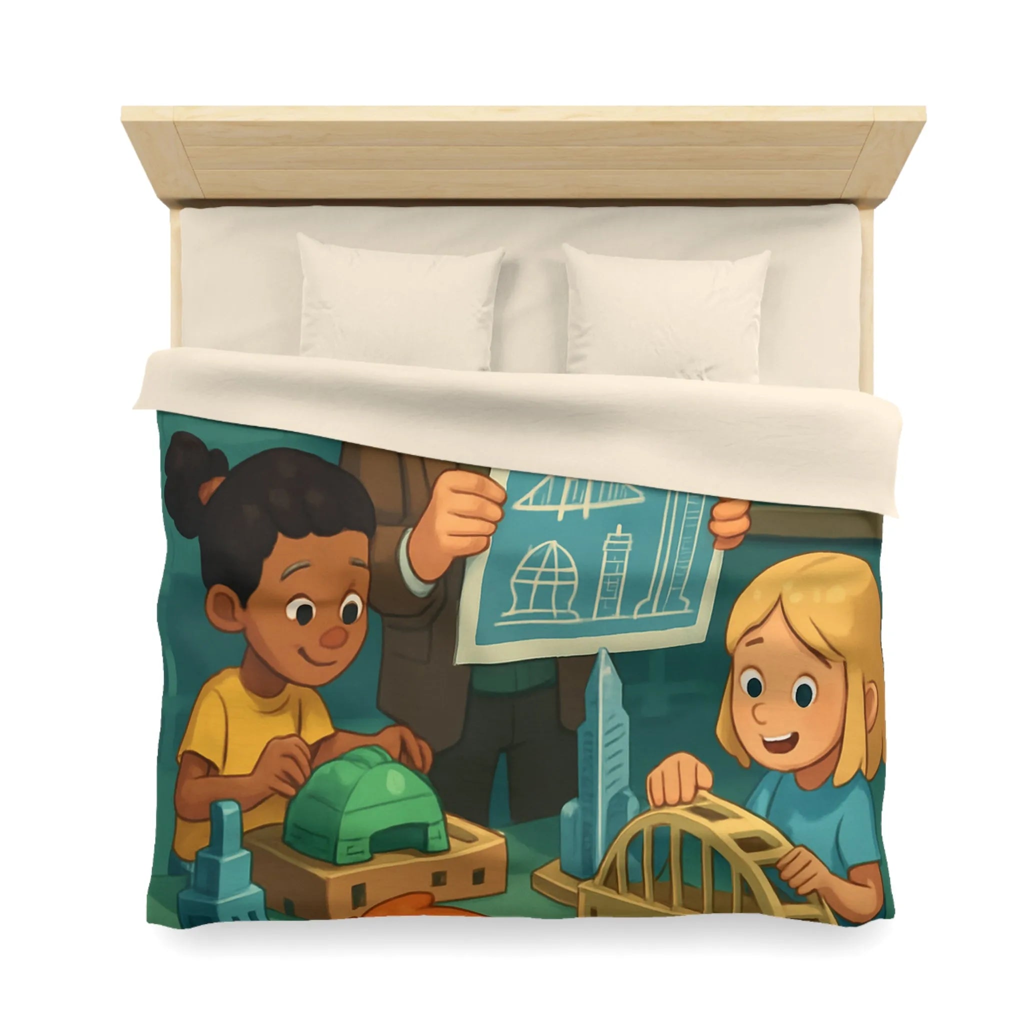 Housse de Couette Enfants Illustrant Un Atelier de Construction Ludique et Éducatif