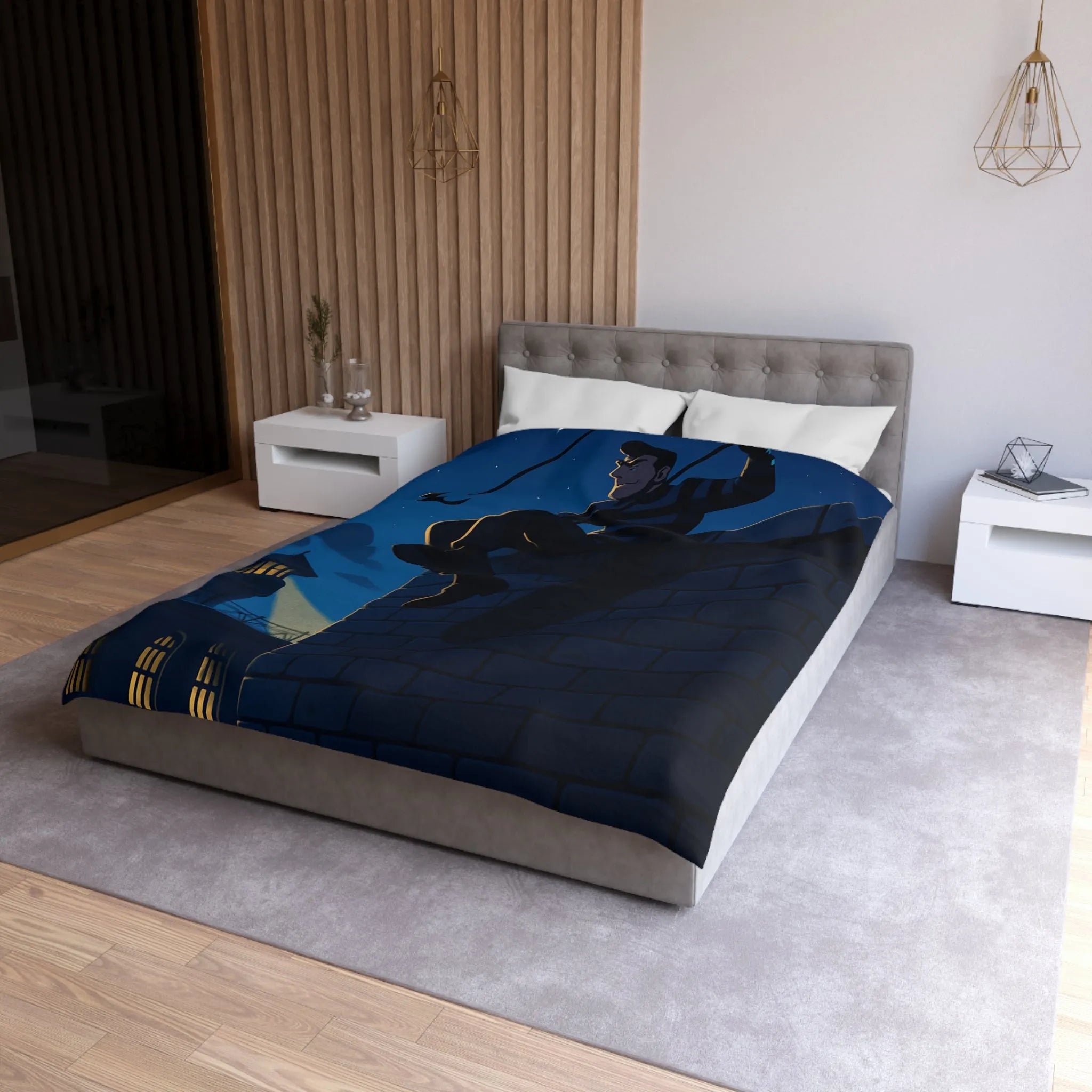 Housse de couette avec artiste en fuite sous ciel étoilé, ambiance nocturne captivante