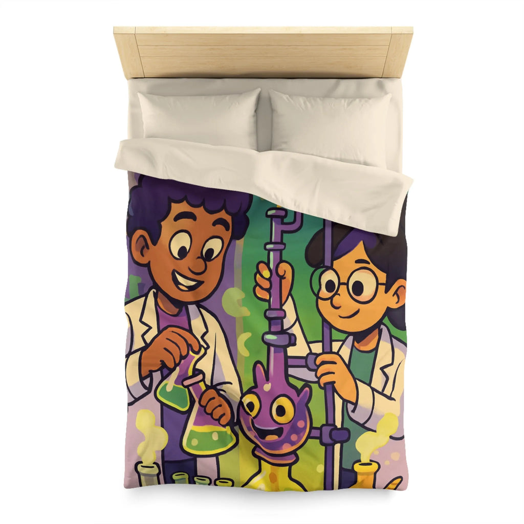 Housse de couette colorée avec deux scientifiques animés et expériences chimiques ludiques