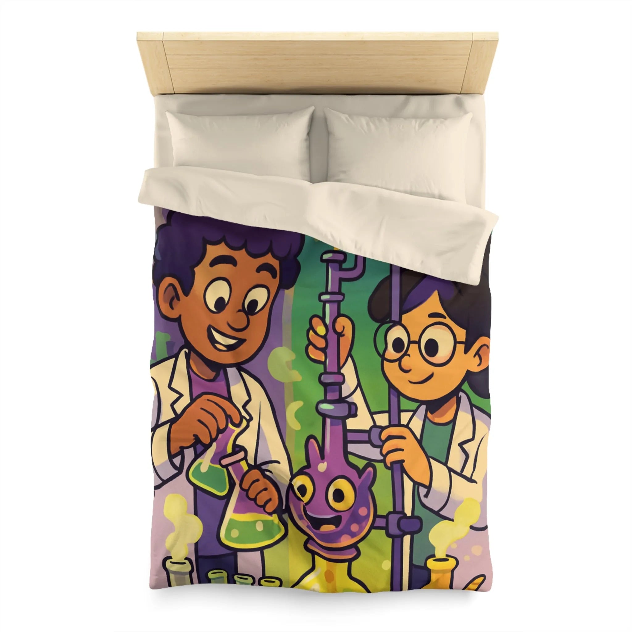 Housse de couette colorée avec deux scientifiques animés et expériences chimiques ludiques