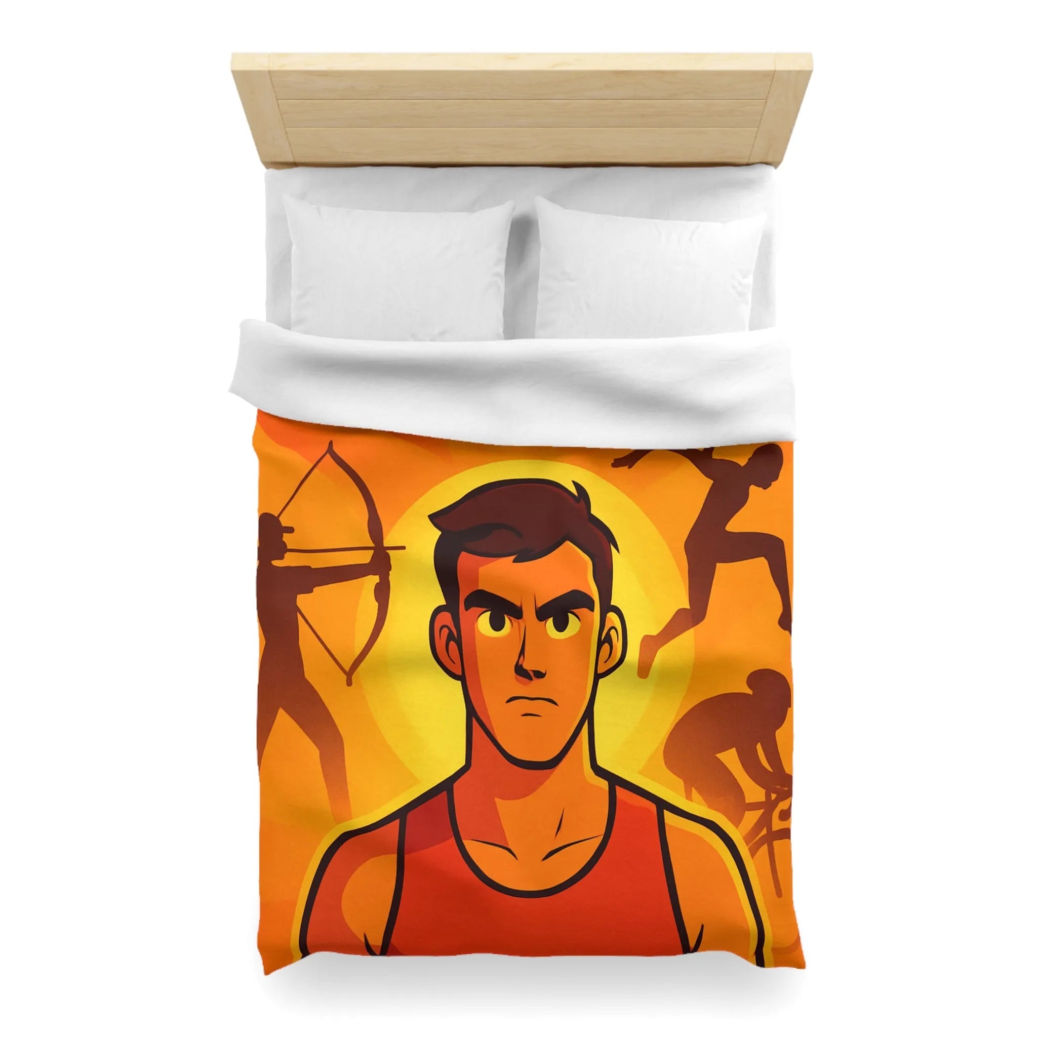 Housse de couette dynamique orange avec motifs sportifs et personnages déterminés en action