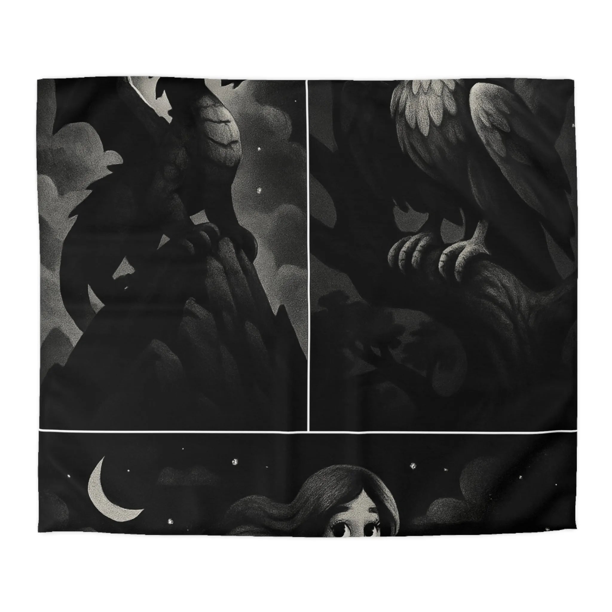 Housse de couette avec motifs de créatures fantastiques dragon, griffon et sirène en noir et gris