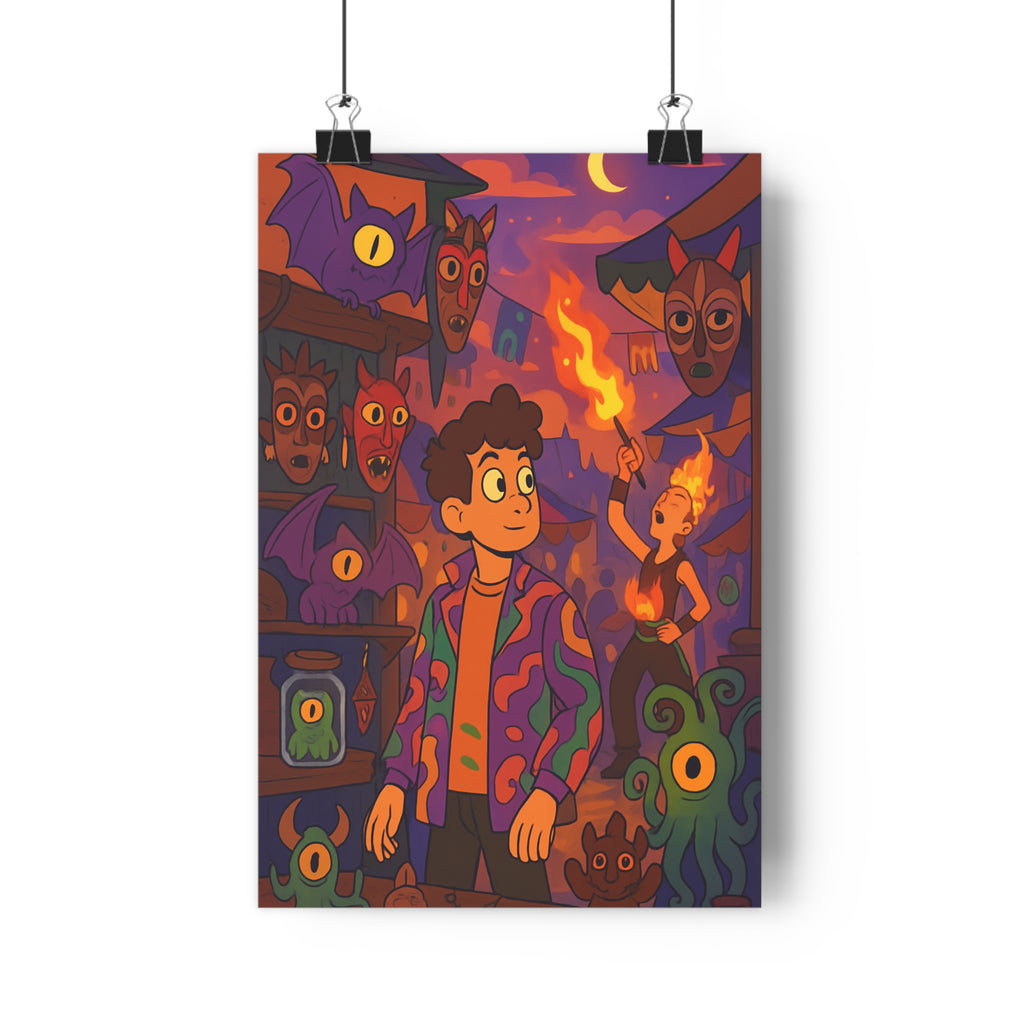 Poster décoratif coloré carnaval festif mystique enfant créatures masques nocturne magie vibrant unique chambre