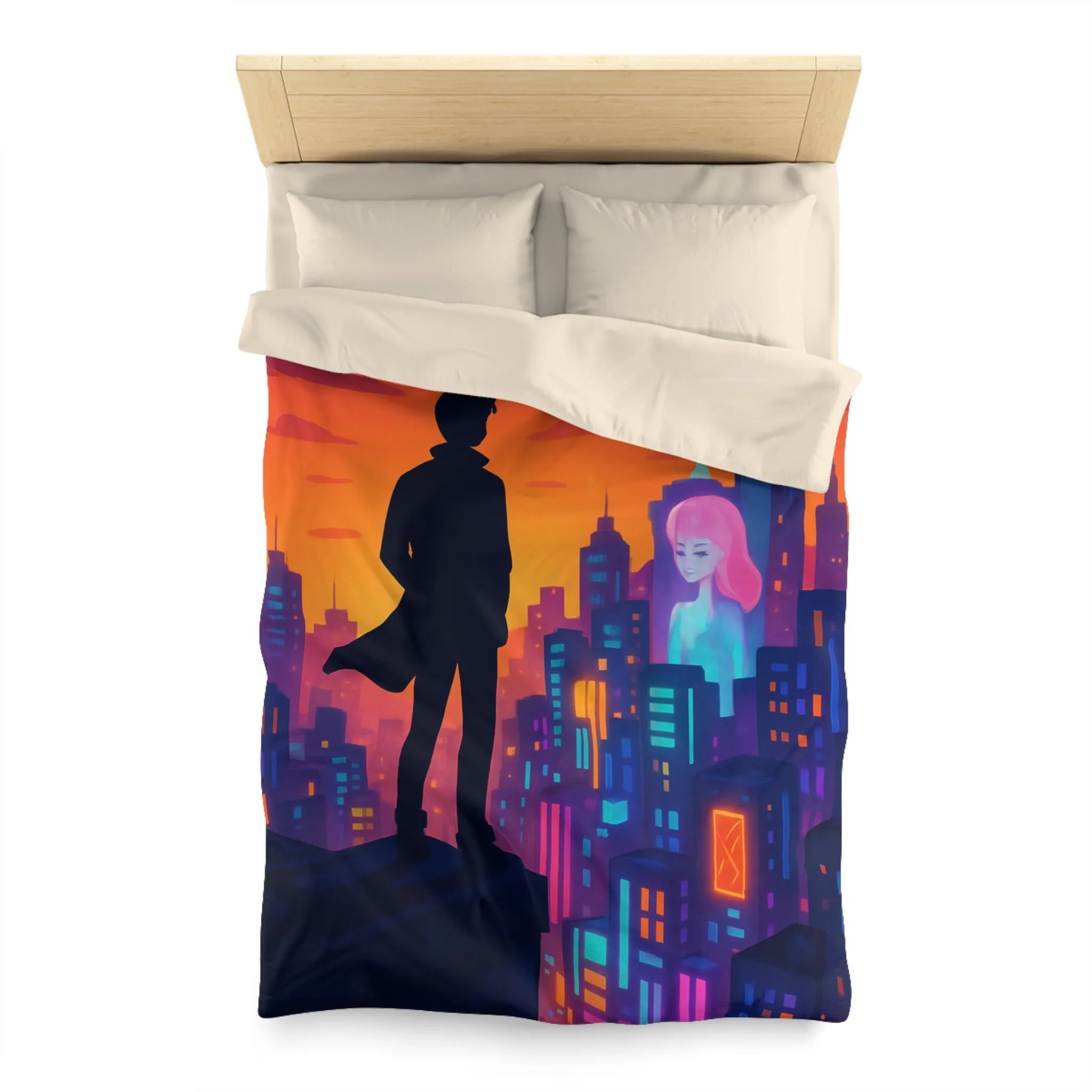 Housse de couette futuriste avec silhouette urbaine et couleurs vibrantes pour chambre moderne