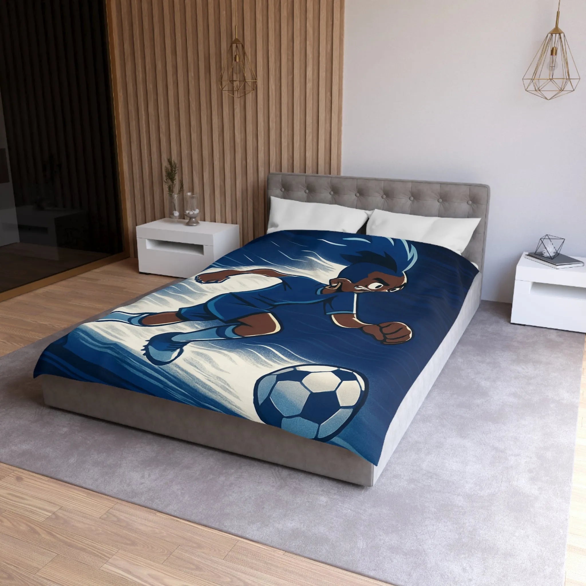 Housse de couette football dynamique garçon jouant au soccer style cartoon moderne bleu
