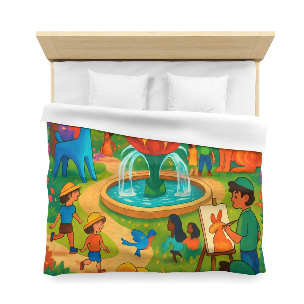 Housse de couette colorée avec animaux fantastiques, enfants et fontaine au parc artistique