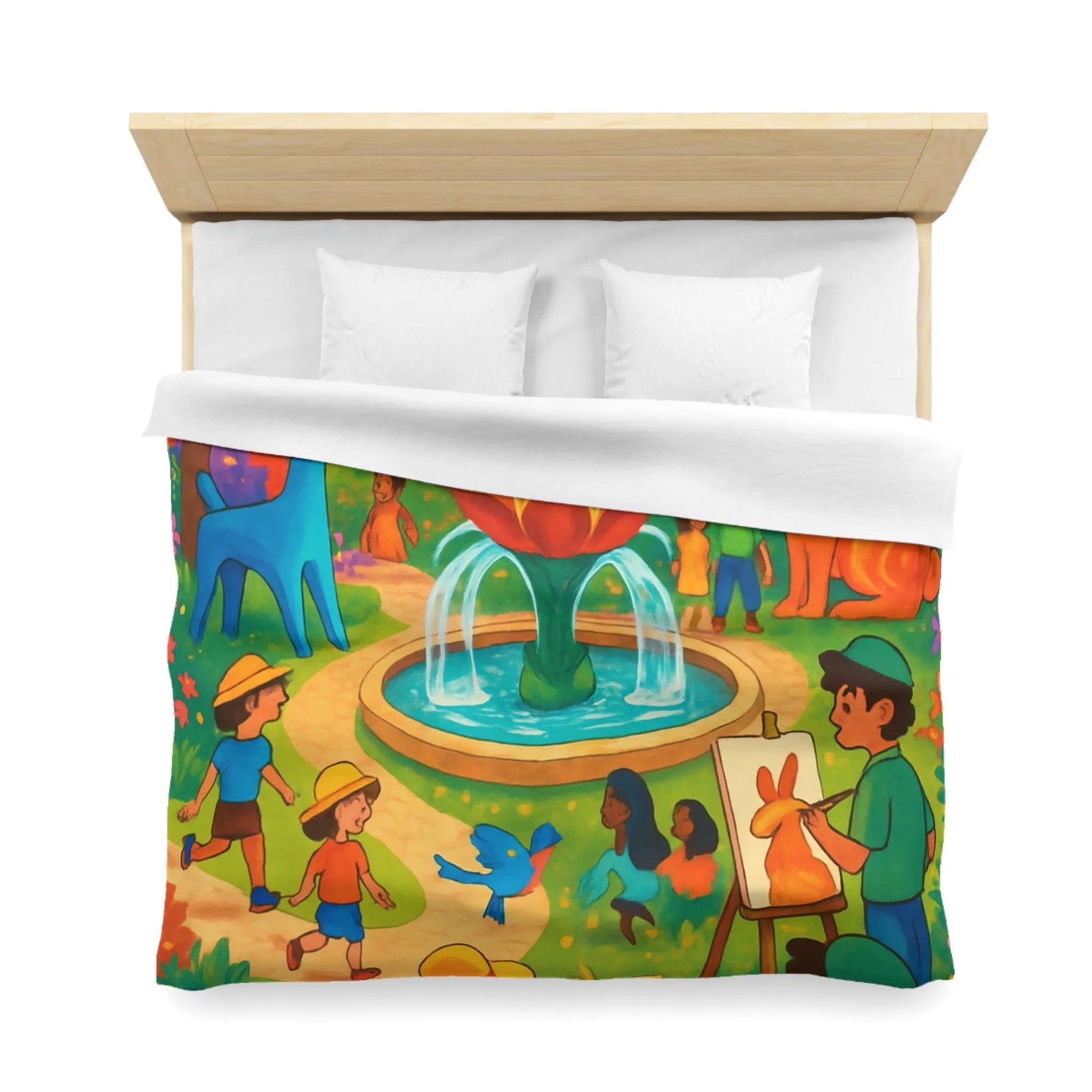Housse de couette colorée avec animaux fantastiques, enfants et fontaine au parc artistique
