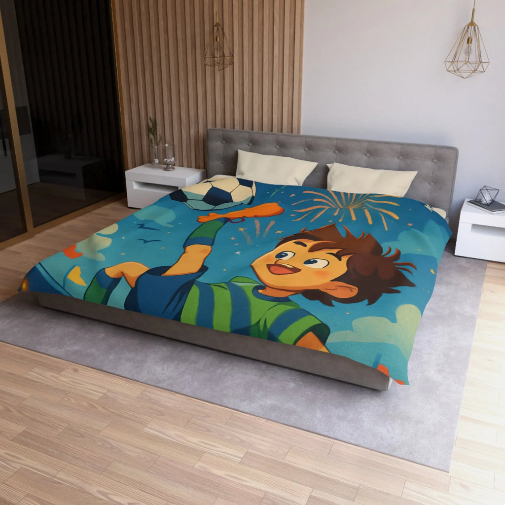 Housse de Couette Enfant Festive avec Football et Feux d'Artifice Multicolores Animés