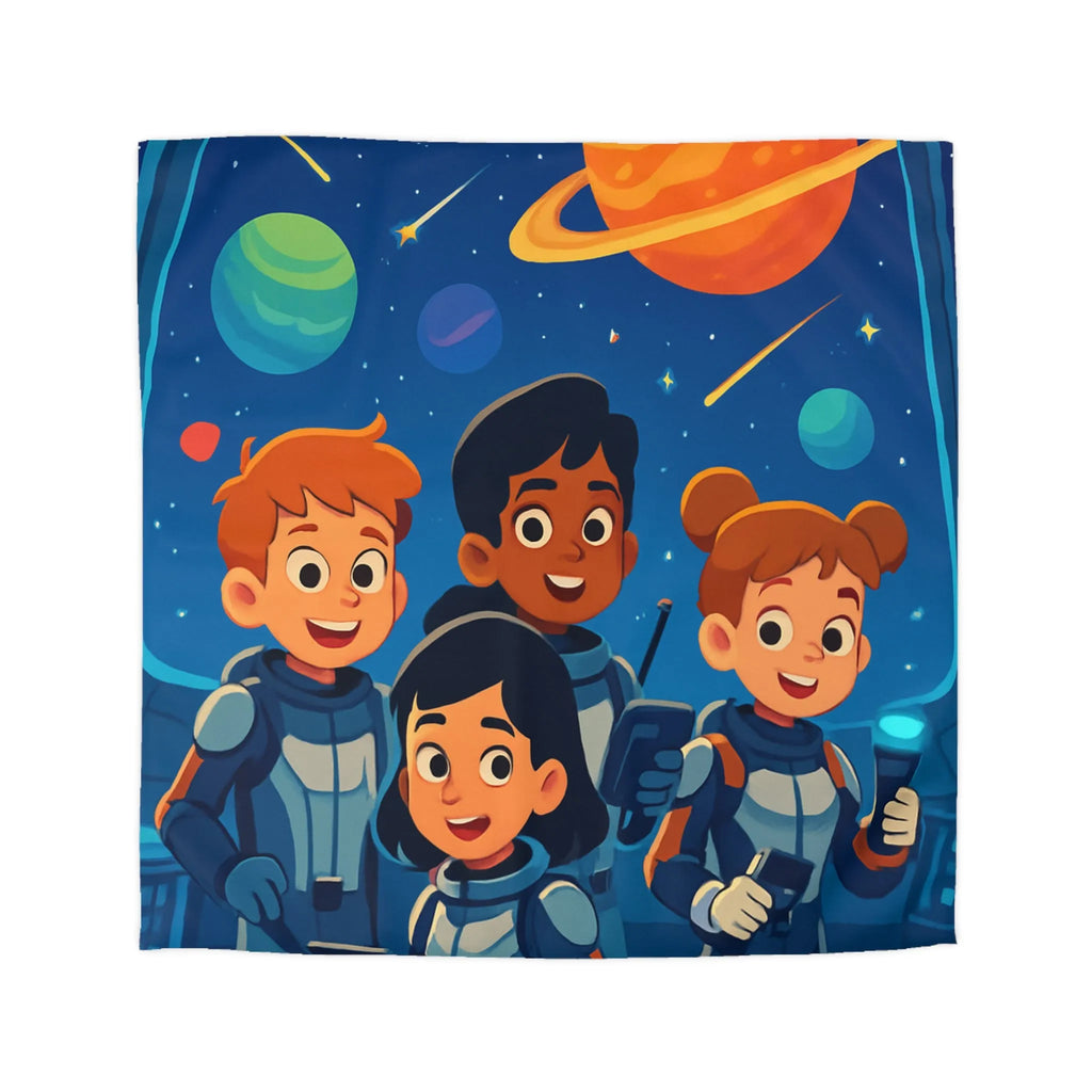 Housse de couette enfant en exploration spatiale avec planètes colorées et jeunes astronautes