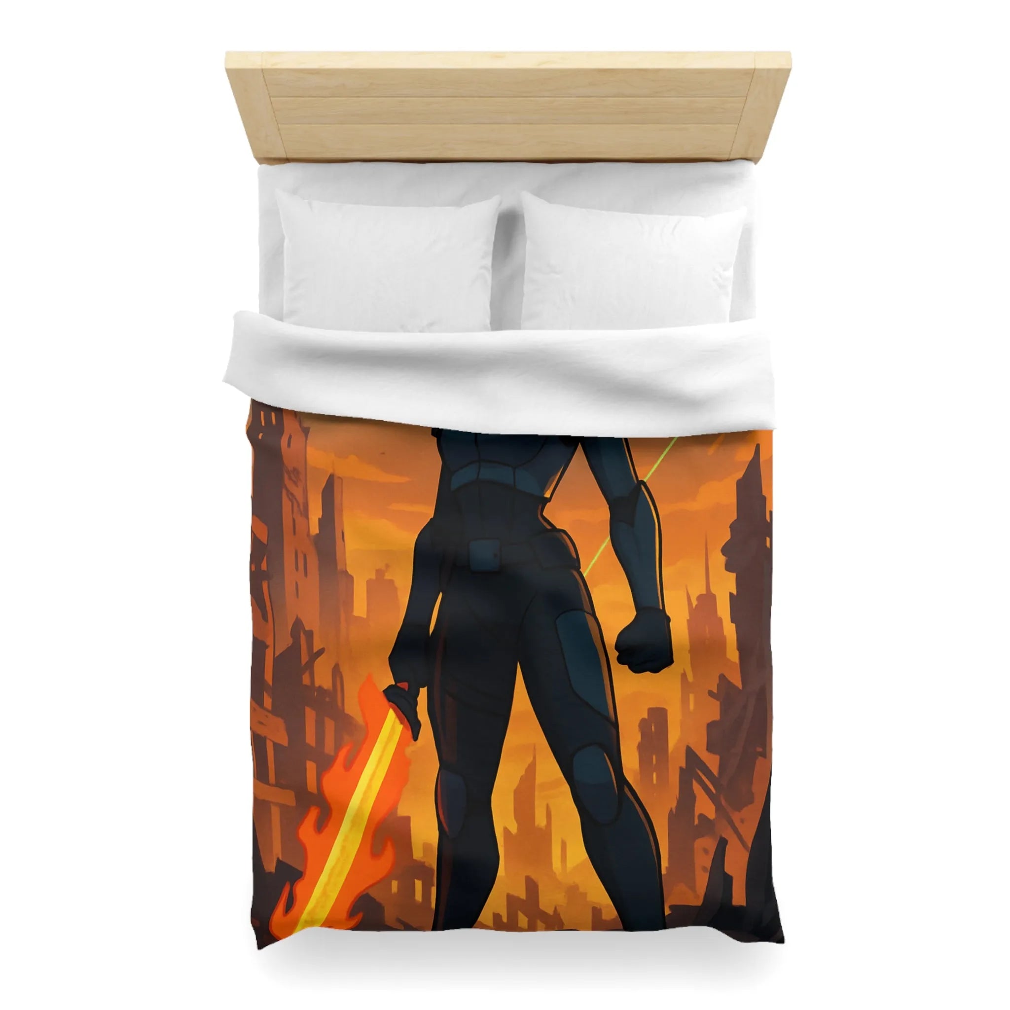 Housse de couette héroïque avec guerrier futuriste, drones volants et paysage apocalyptique