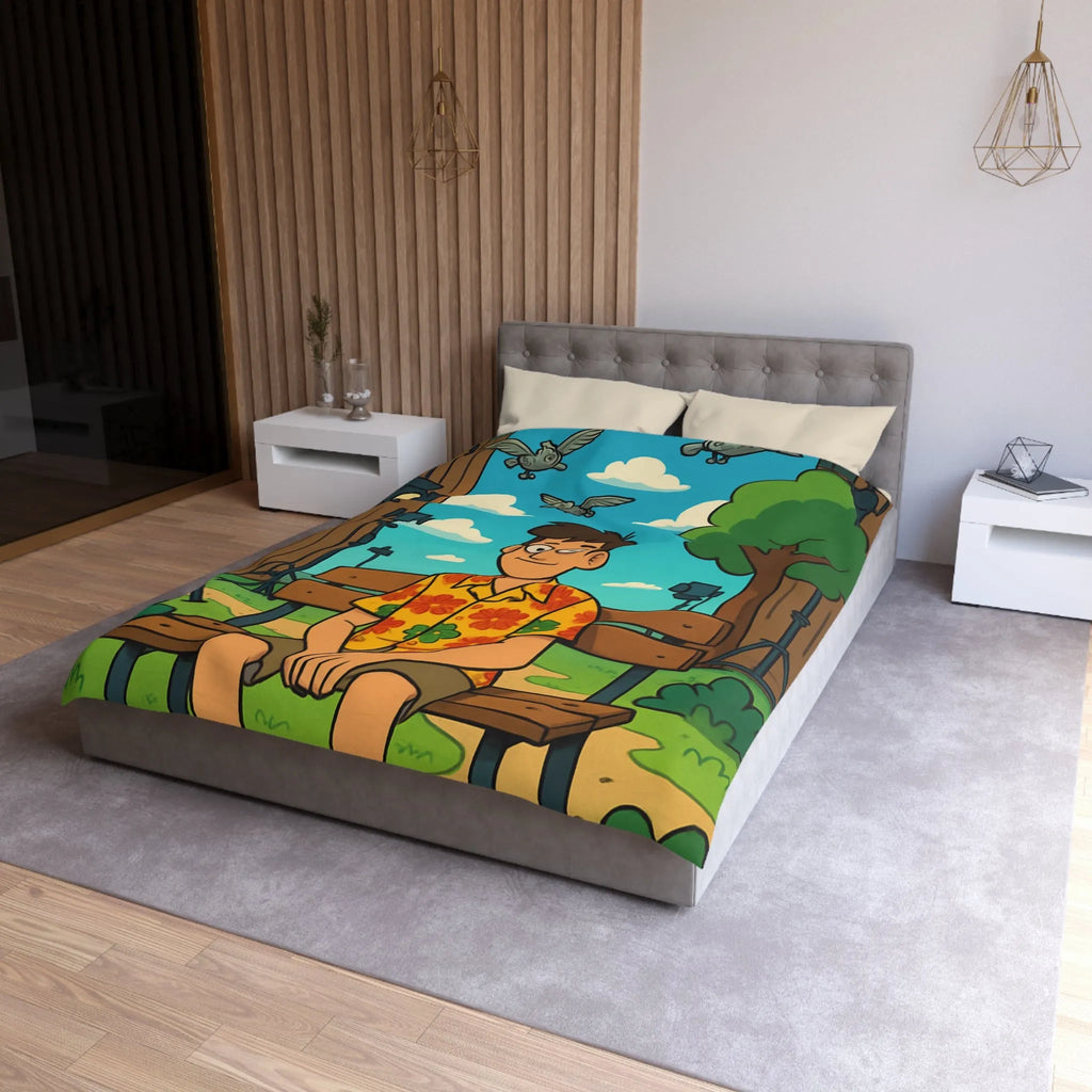 Housse de couette amusante avec motif de banc, homme et oiseaux volants