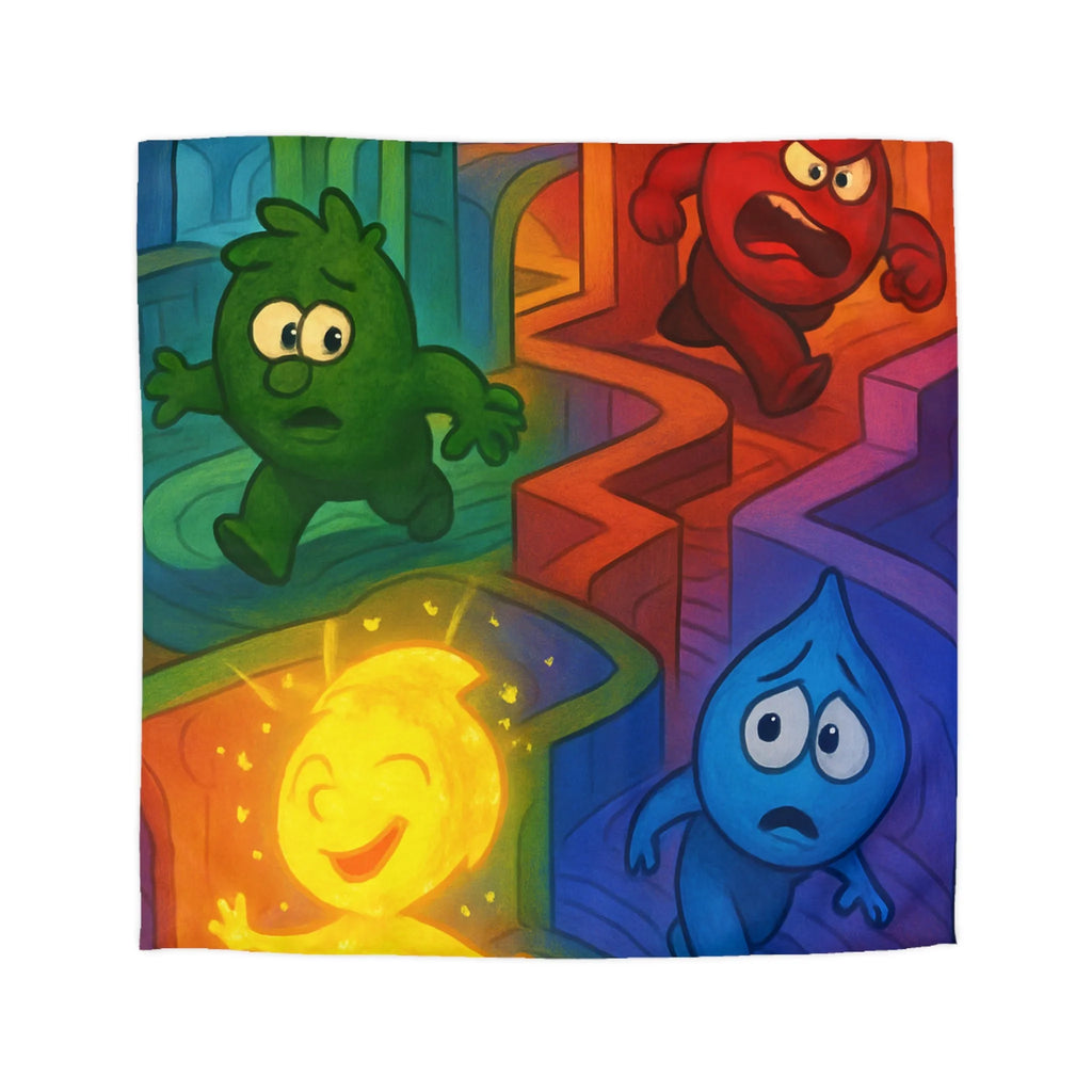 Colorée housse de couette avec personnages émotionnels en rouge, bleu, vert et jaune