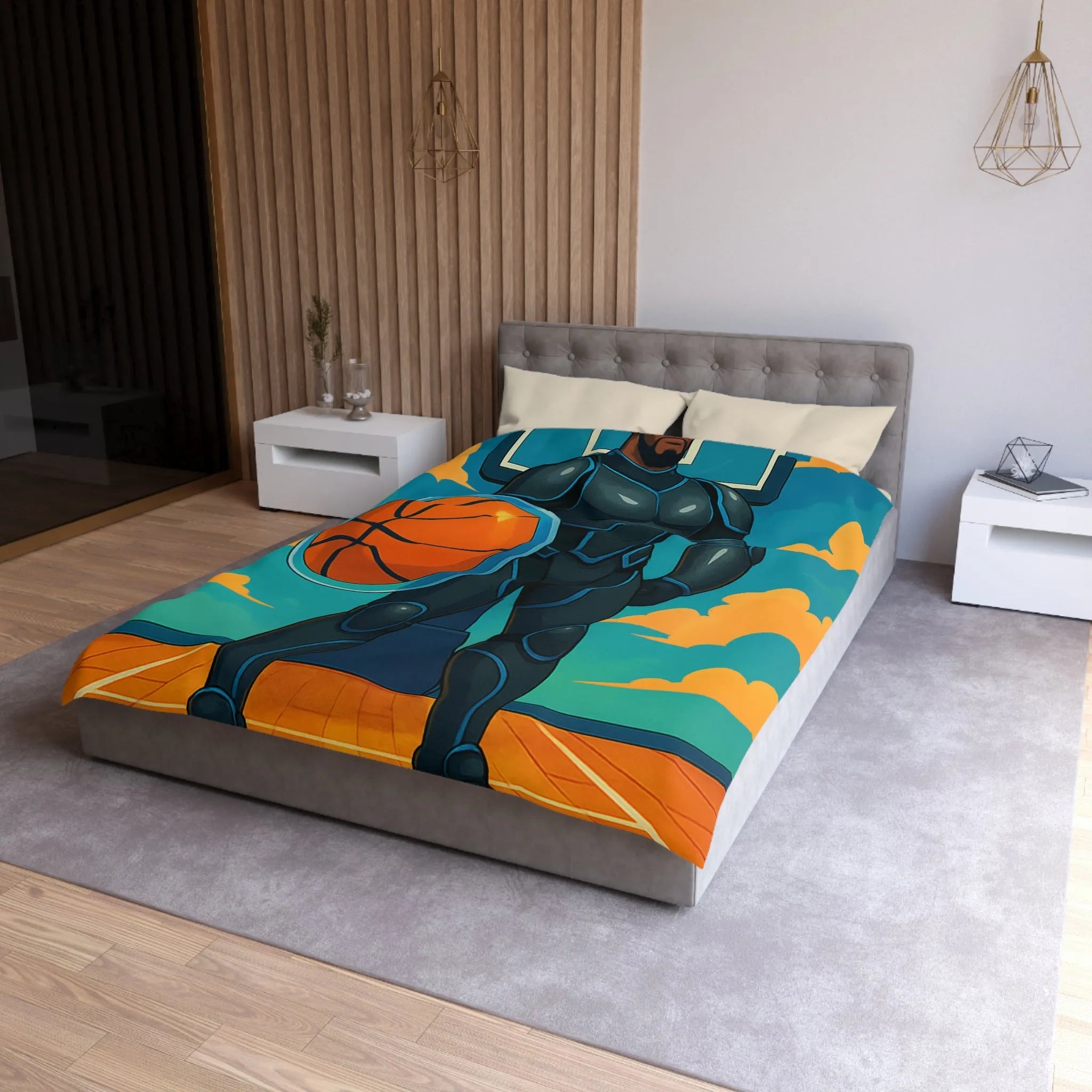 Housse de couette avec illustration d'un joueur de basket héroïque sous un ciel vibrant