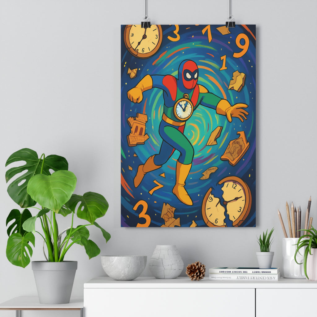 Poster décoratif superhéros rétrofuturiste bleu rouge jaune aventure chambre salon dynamique captivant vibrant qualité