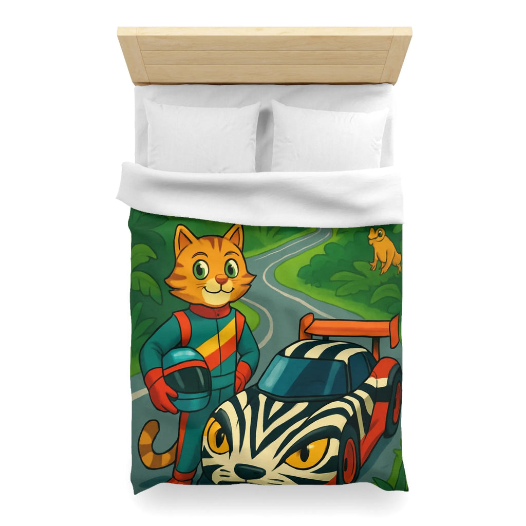 Housse de couette illustrée avec pilote chat, voiture zébrée et jungle luxuriante