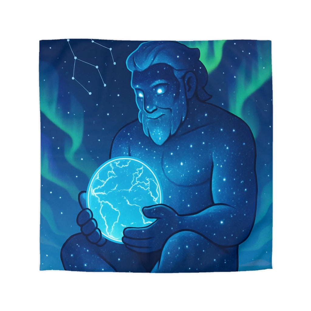 Housse de couette cosmique avec géant céleste tenant une planète lumineuse bleue