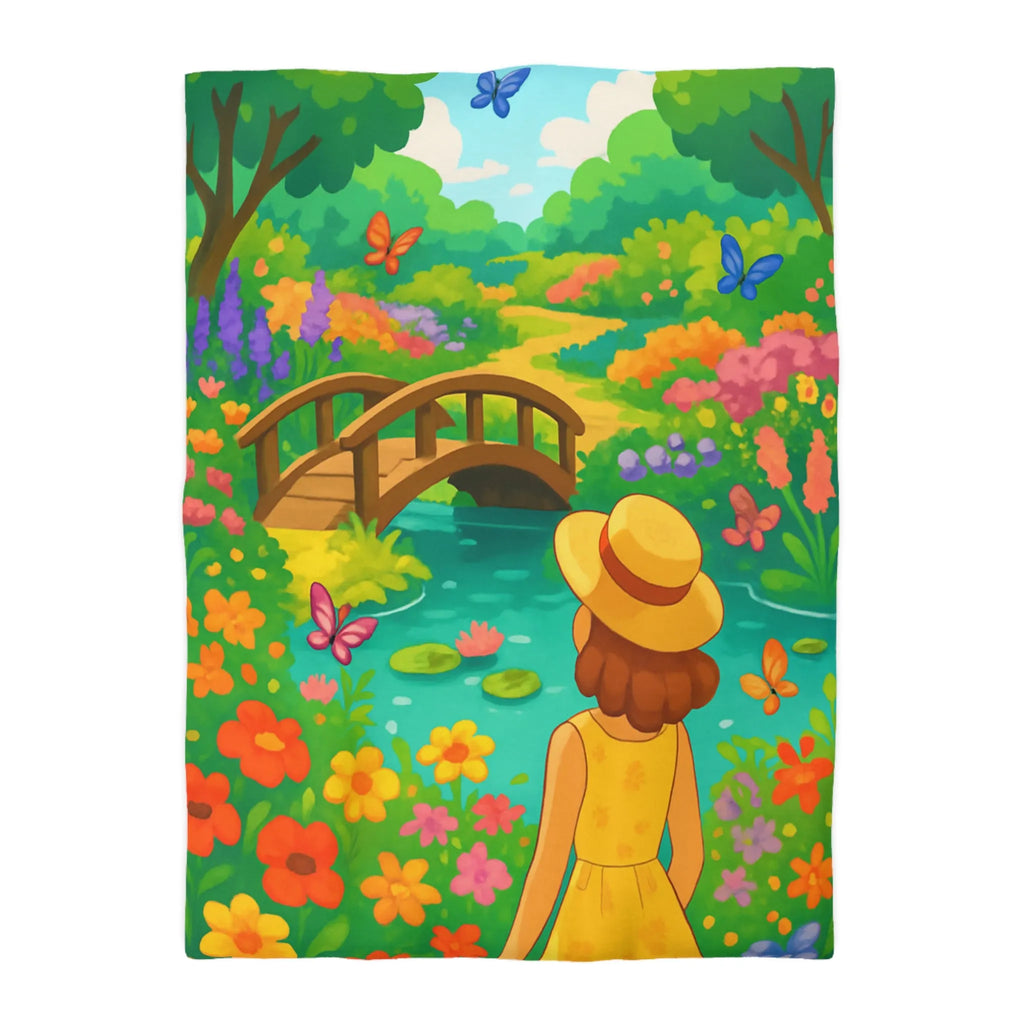 Housse de Couette Jardin Enchanté avec Pont et Papillons, Motif Vif et Coloré