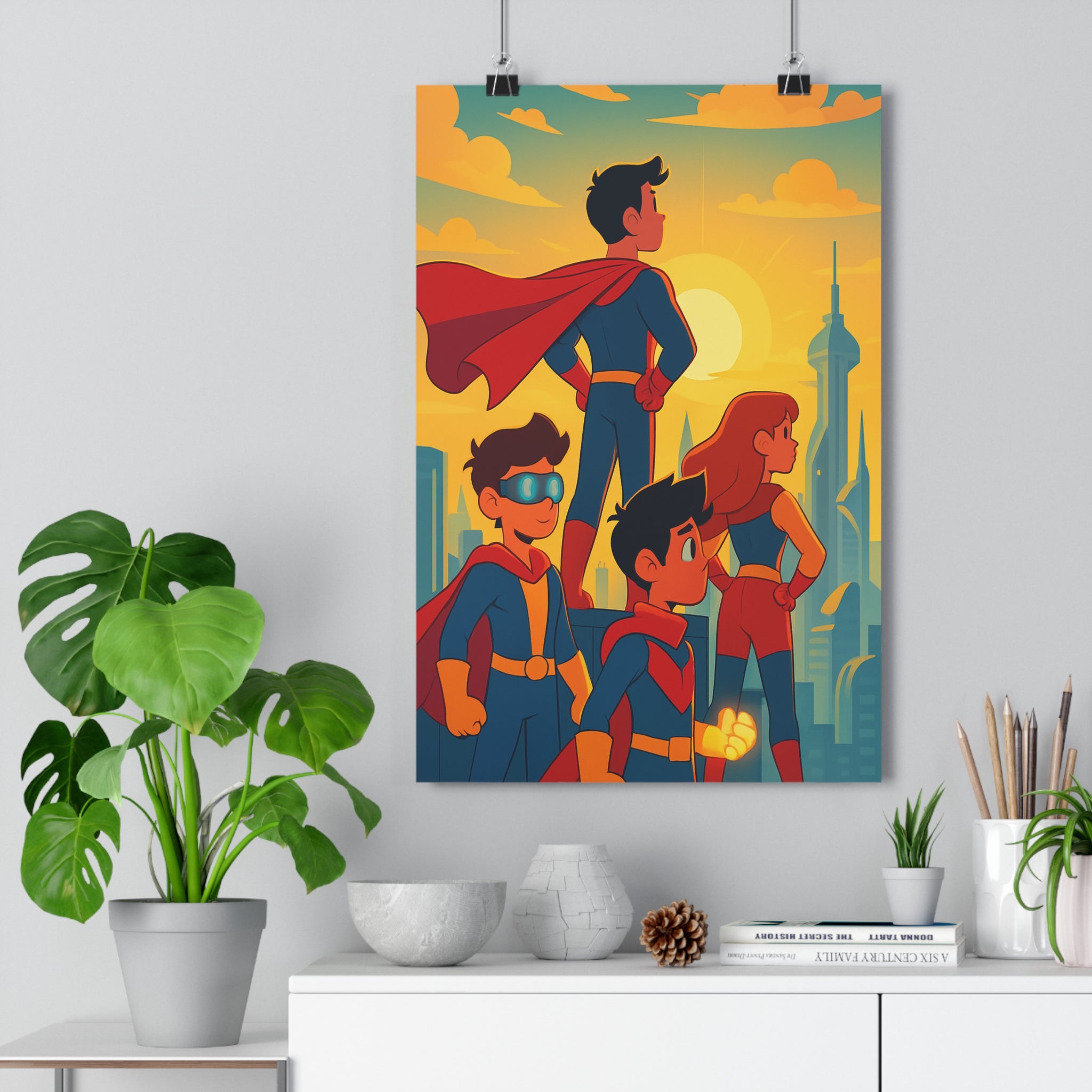 Poster décoratif animation moderne coloré bleu rouge orange aventure chambre bureau futuriste inspirant héros