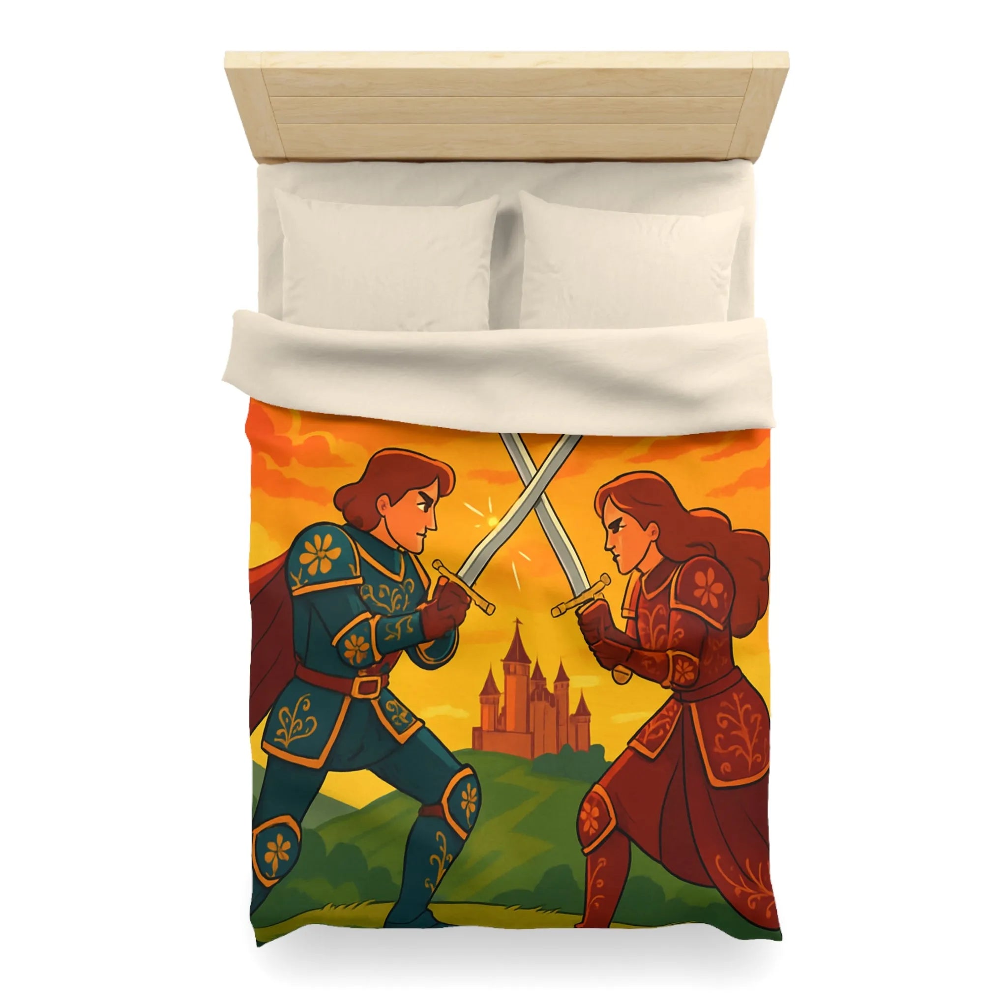 Épique housse de couette avec chevaliers médiévaux, châteaux et ciel flamboyant