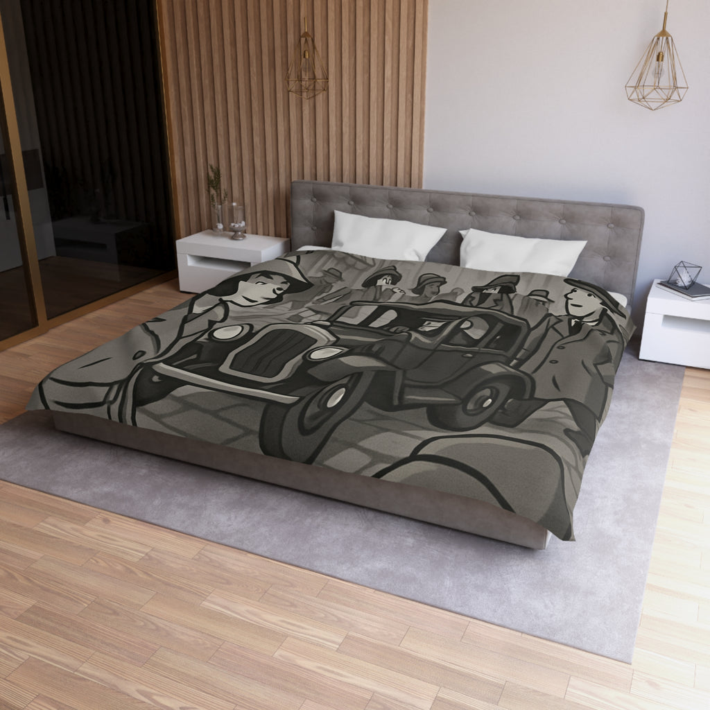 Housse de Couette Vintage avec Rue Animée et Voiture des Années 1930