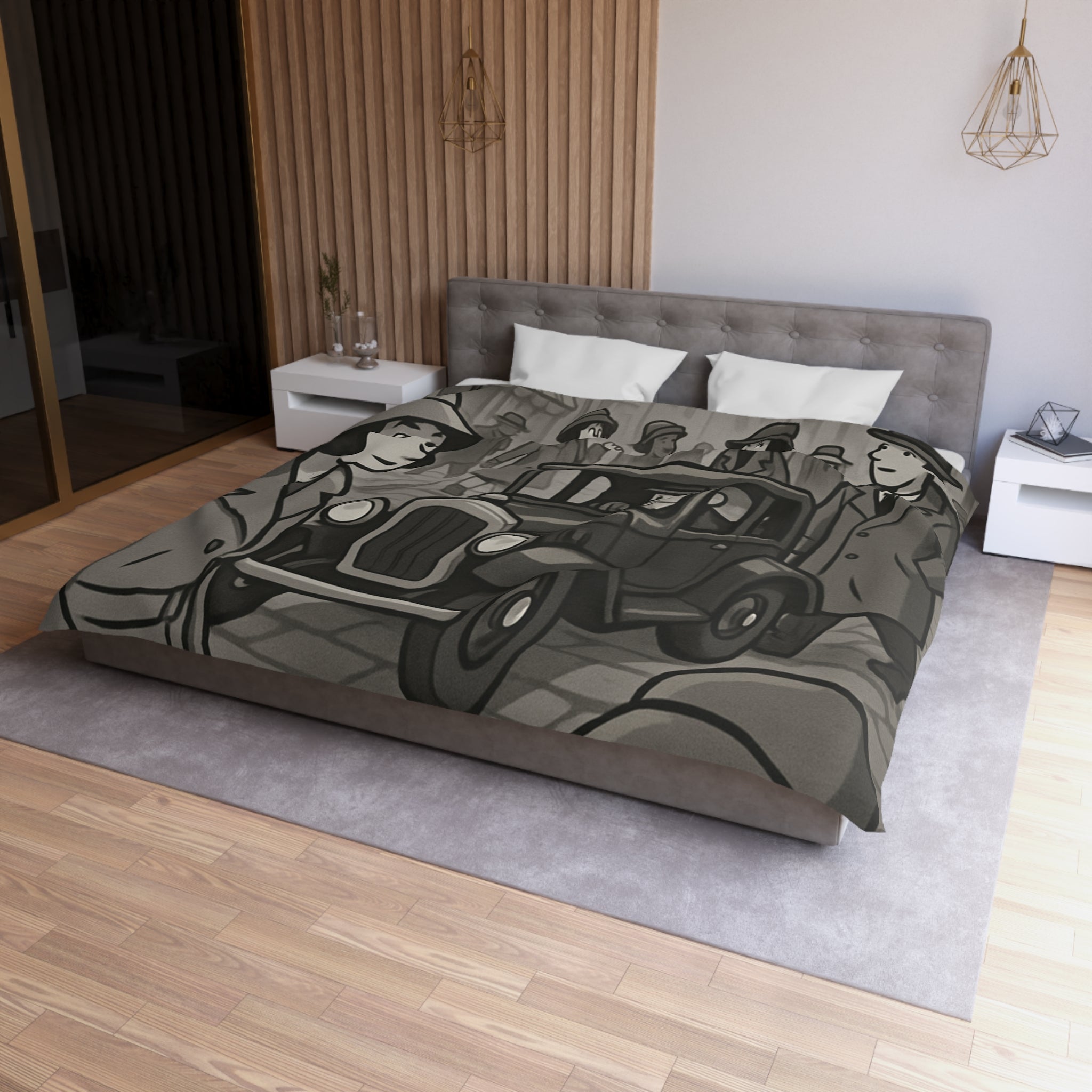 Housse de Couette Vintage avec Rue Animée et Voiture des Années 1930