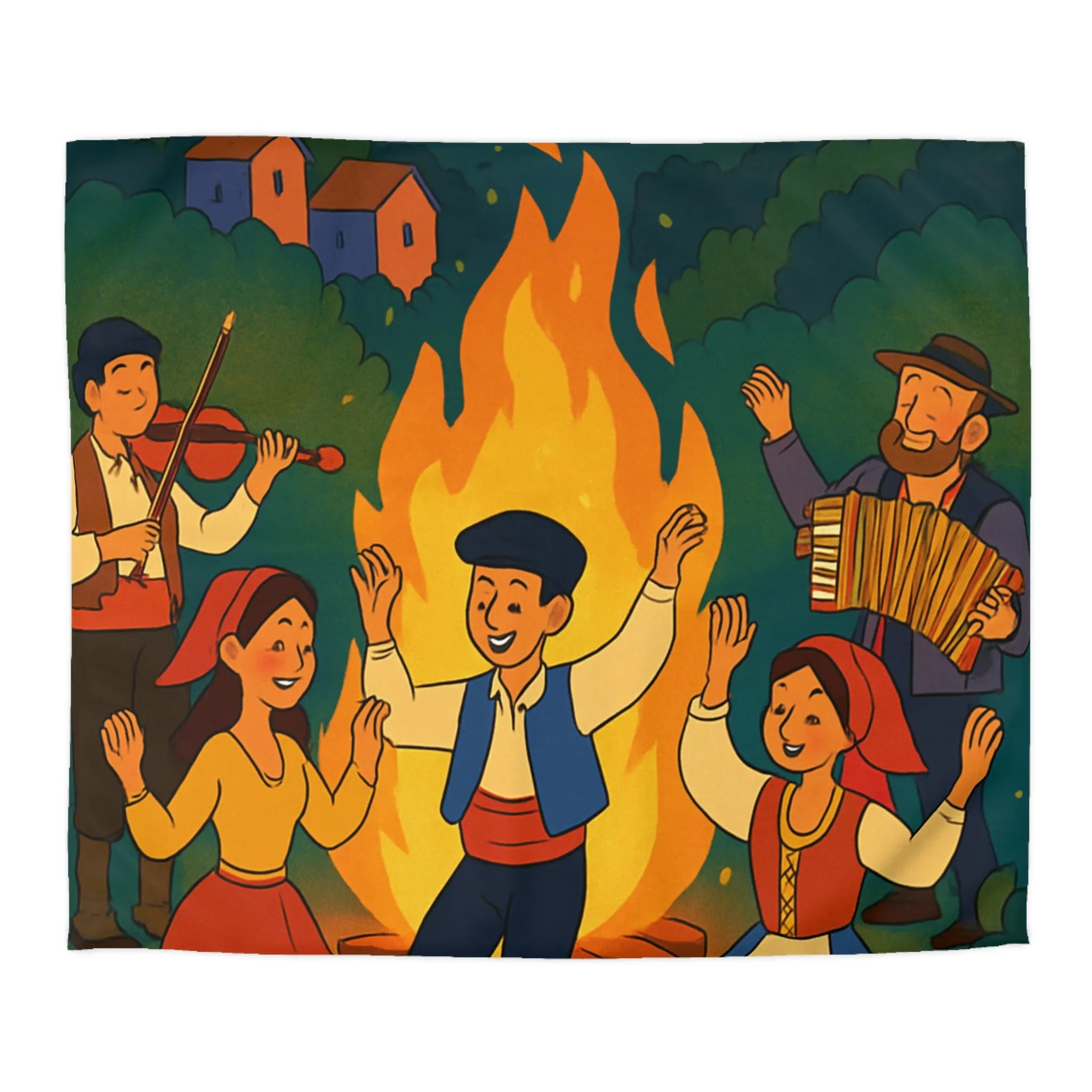 Housse de couette colorée danse folklorique autour du feu avec musiciens traditionnels