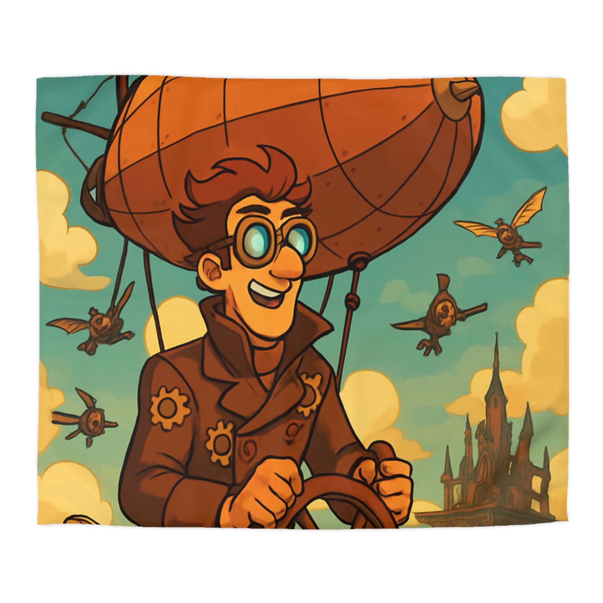 Housse de Couette Steampunk avec Ballon Dirigeable et Cité Volante dans le Ciel