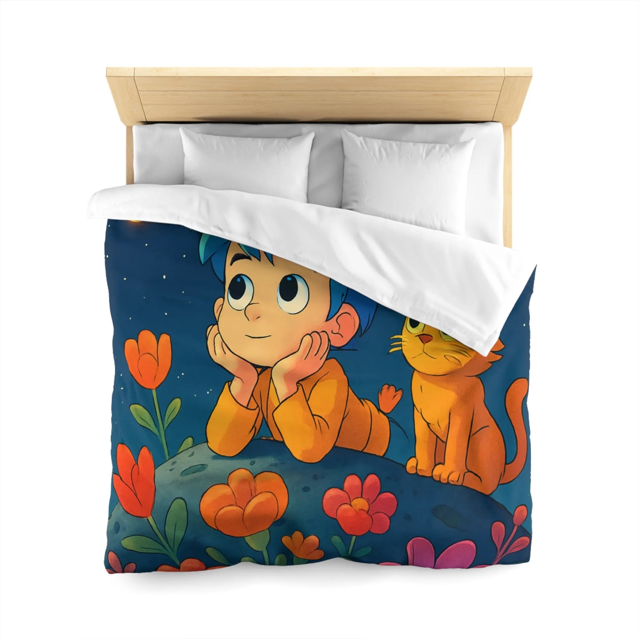 Housse de Couette Enfant Émerveillé Observant Papillons Lumineux sous Ciel Étoilé