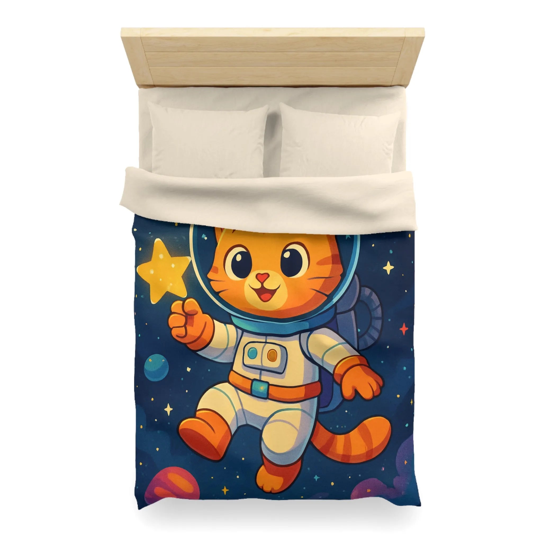 Housse de Couette avec Chat Astronaute et Étoiles dans Espace Coloré pour Enfants
