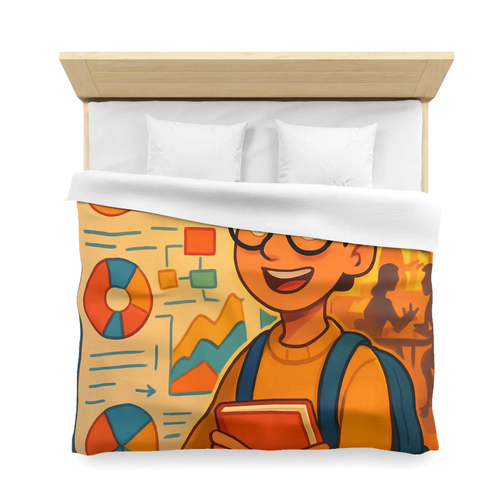 Housse de couette avec motif graphique coloré et personnage étudiant portant lunettes