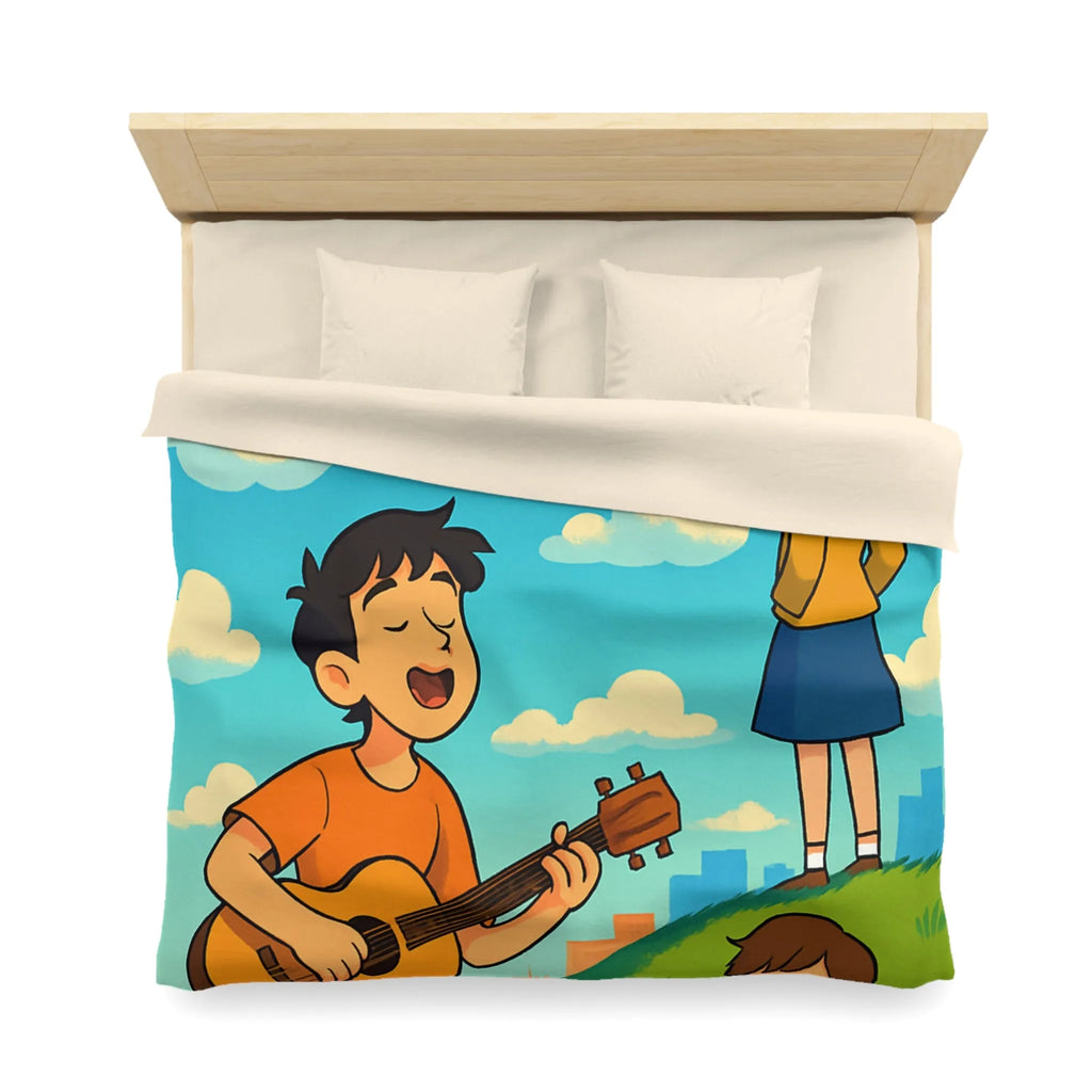 Housse de couette avec personnages chantant et lisant sur colline ensoleillée