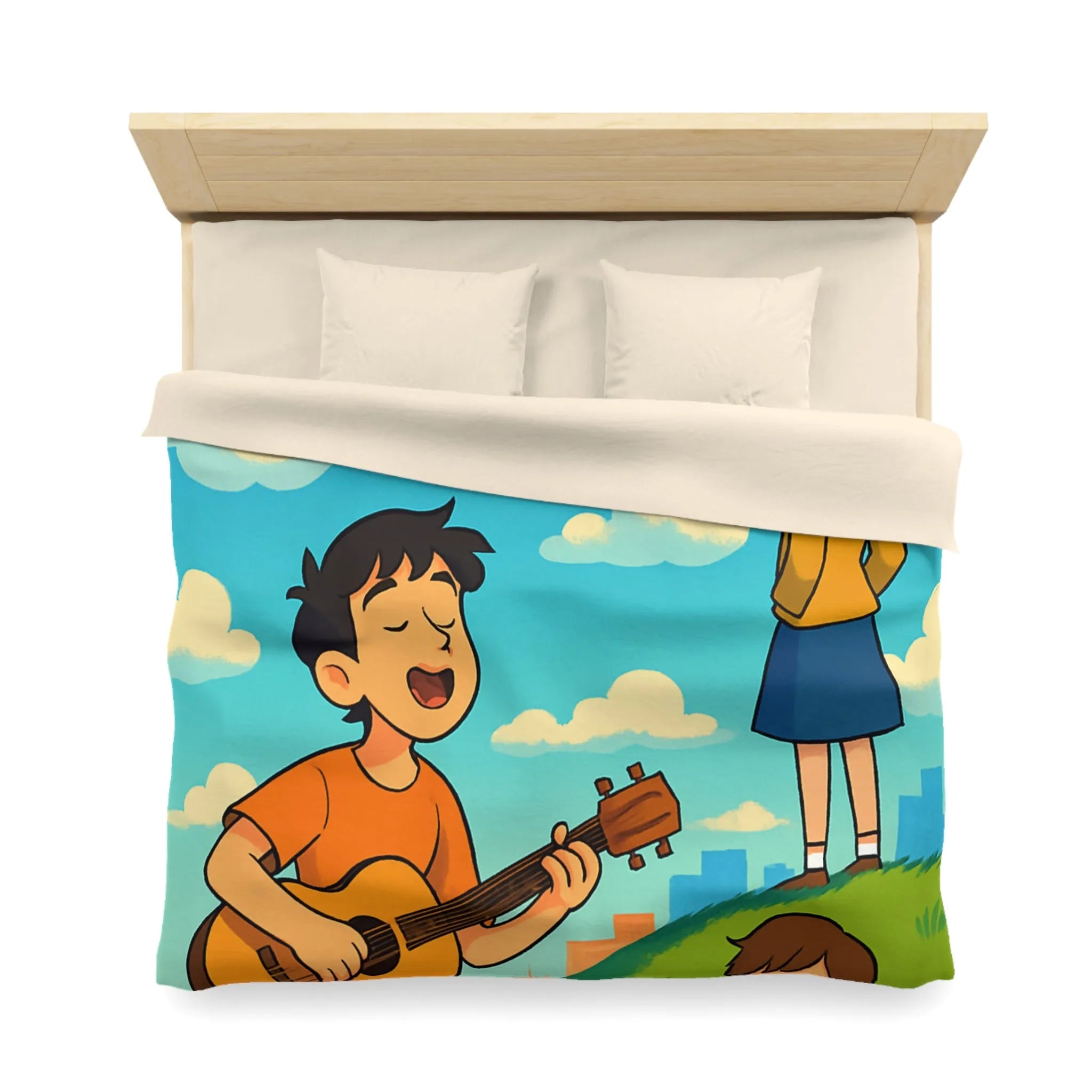 Housse de couette avec personnages chantant et lisant sur colline ensoleillée