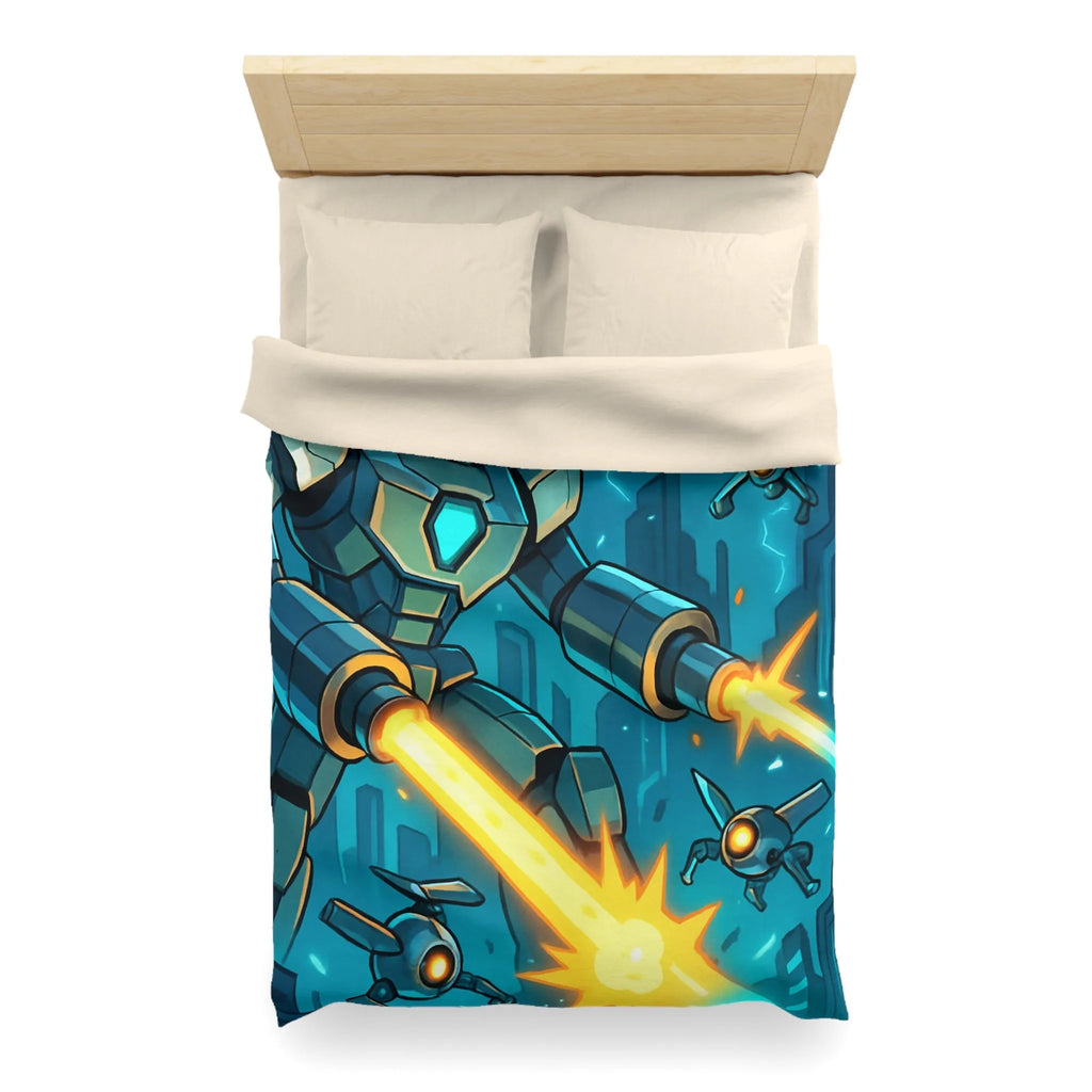 Housse de couette illustrant un robot tirant des lasers dans une ville futuriste la nuit