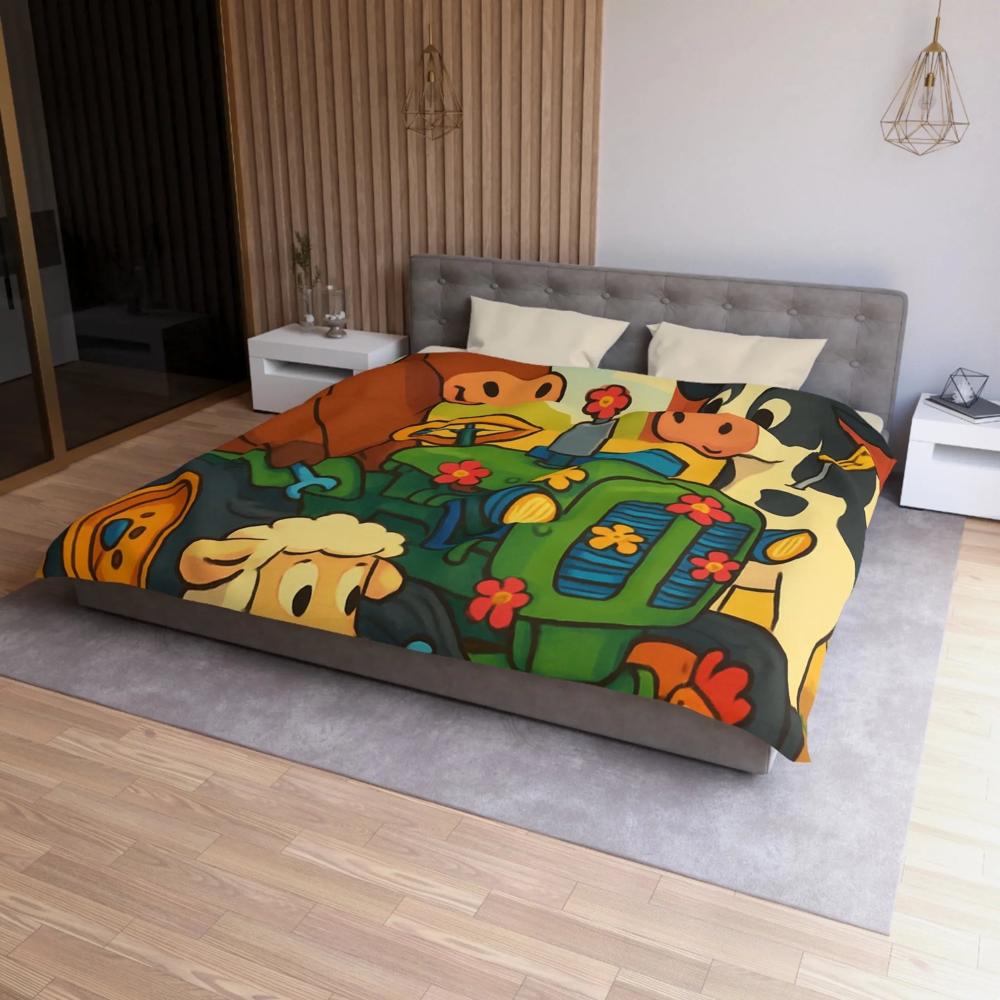 Housse de couette colorée avec animaux amusants à la ferme et tracteur ludique