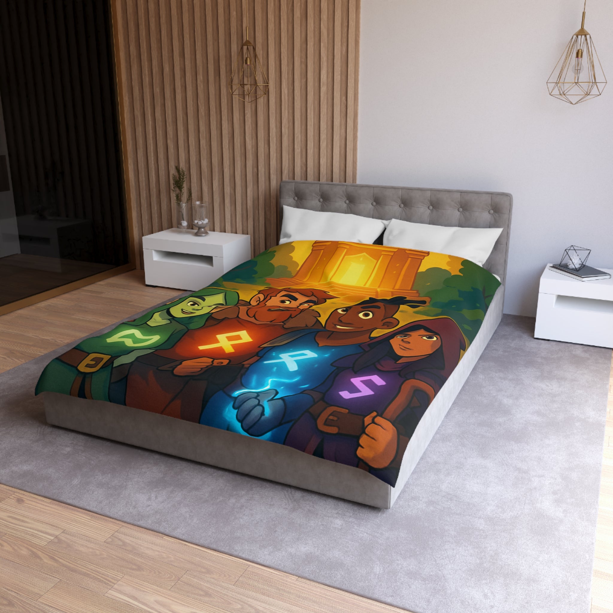 Housse de couette vibrant avec aventure illustrée de quatre héros devant un ancien temple