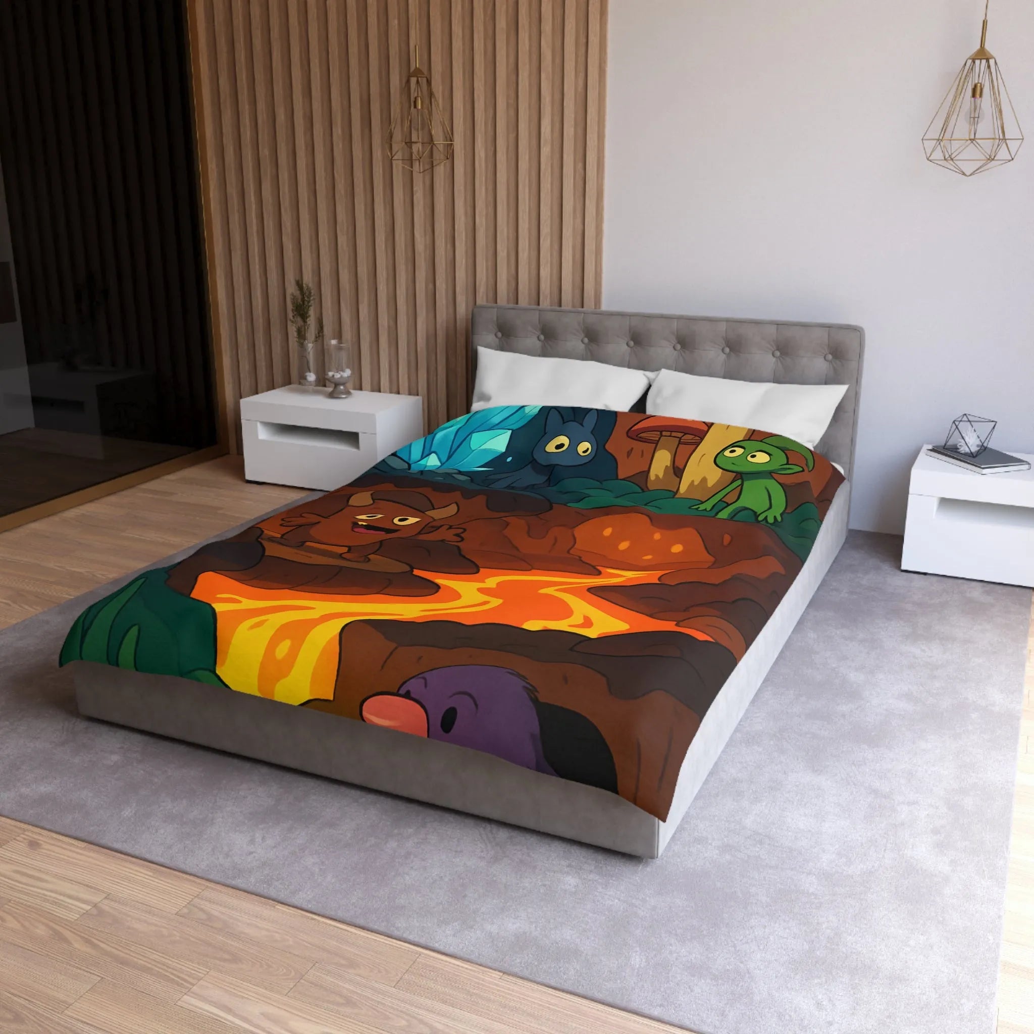 Housse de Couette Enfant Paradis Souterrain Magique avec Créatures Mystiques et Cristaux Lumineux