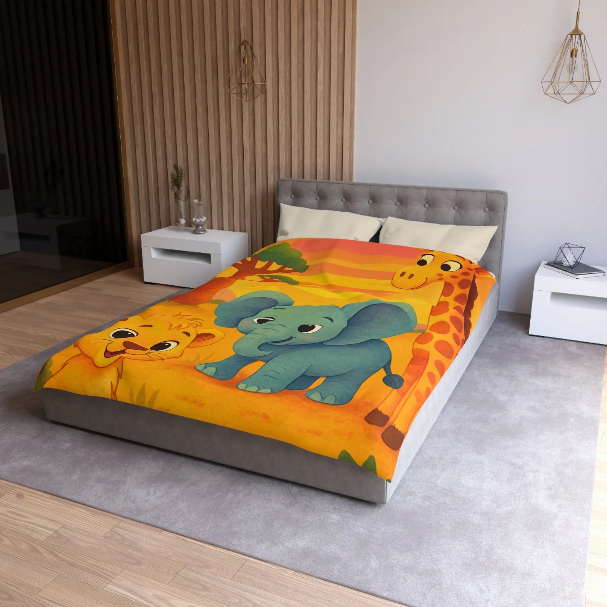 Housse de couette enfants safari animaliers avec lion, éléphant et girafe rigolos