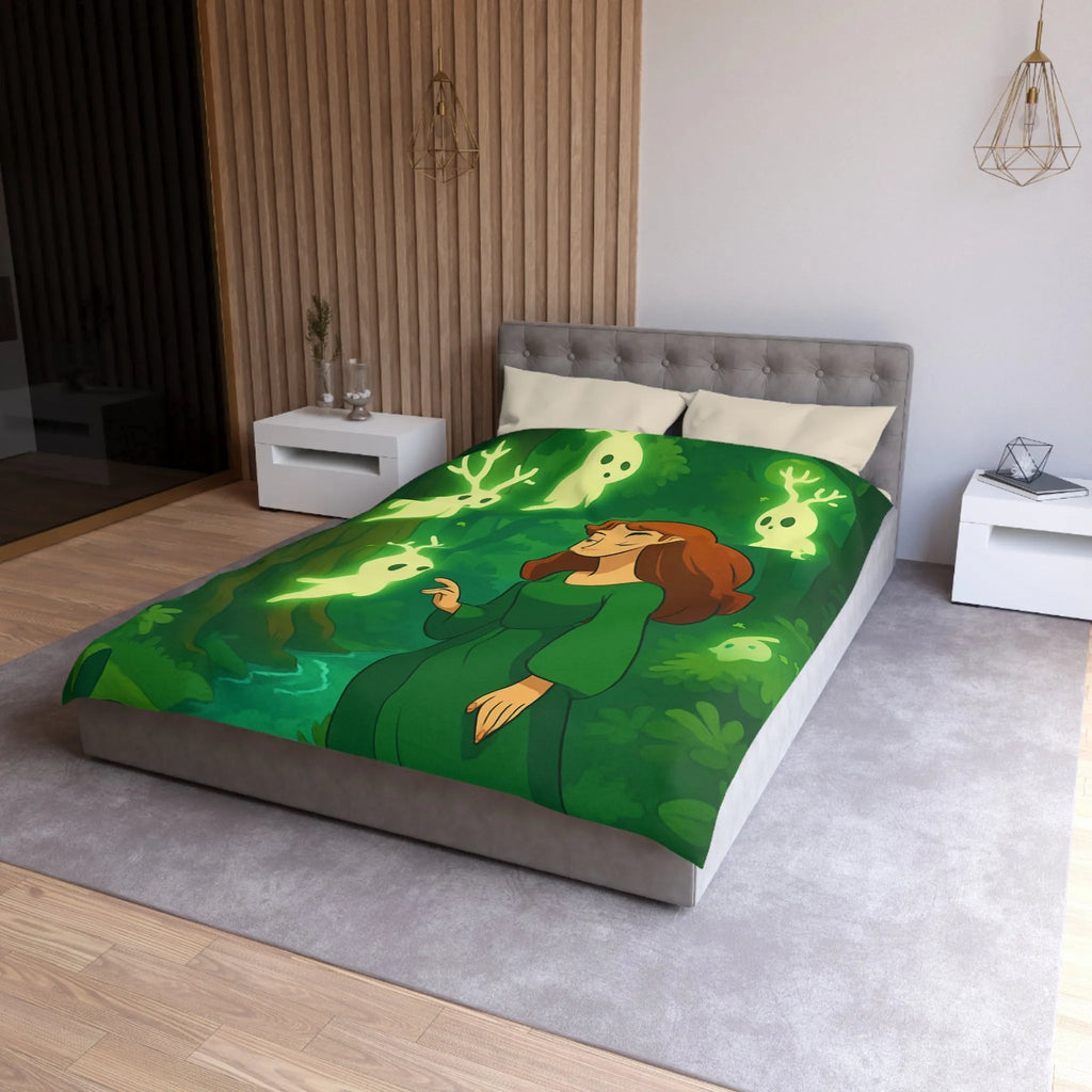 Housse de couette enchantée avec esprits lumineux dans une forêt mystérieuse et verdoyante