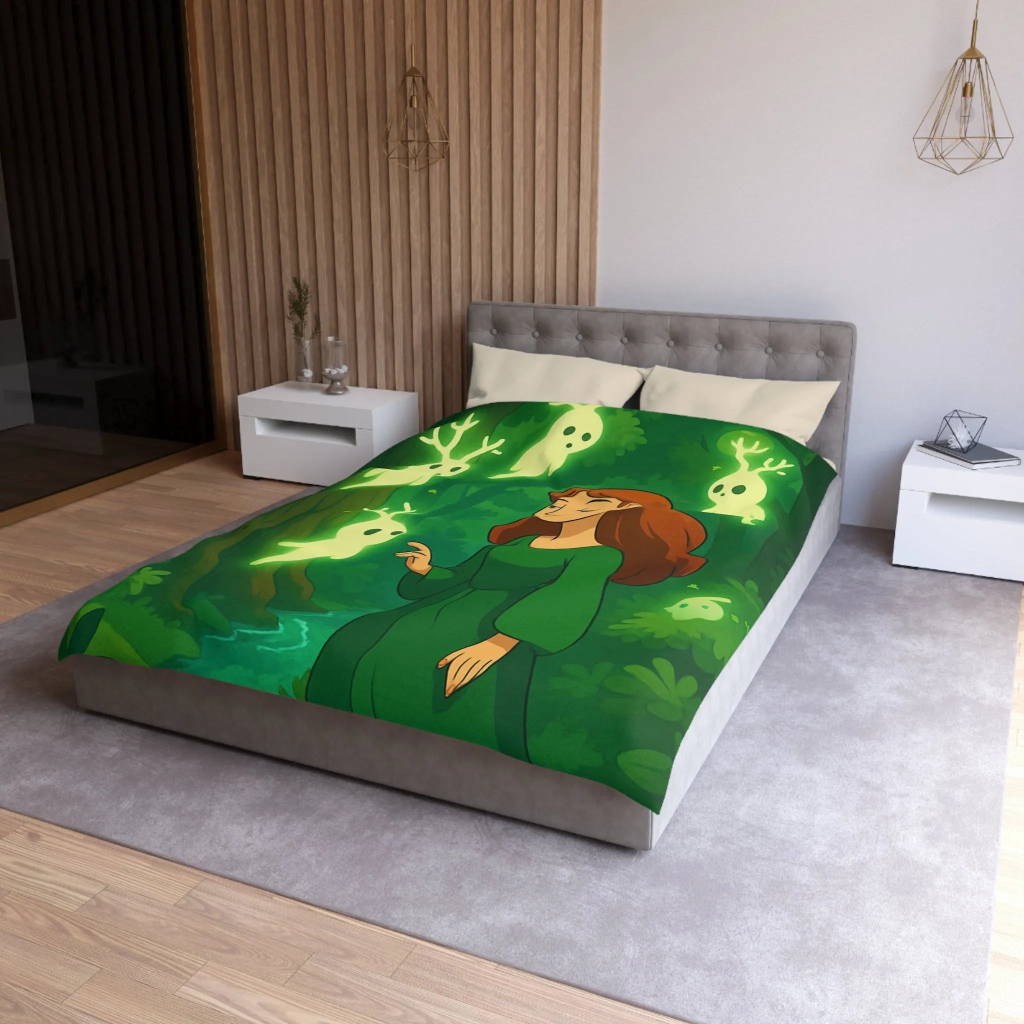 Housse de couette enchantée avec esprits lumineux dans une forêt mystérieuse et verdoyante