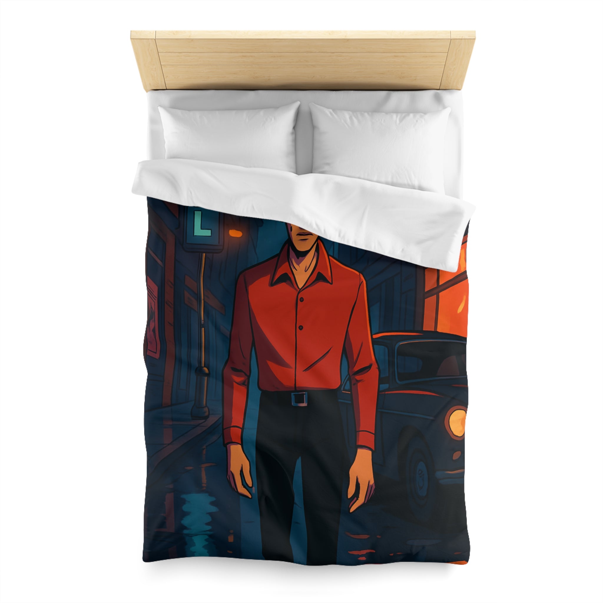 Housse de couette urbaine nocturne avec homme mystérieux et néons colorés