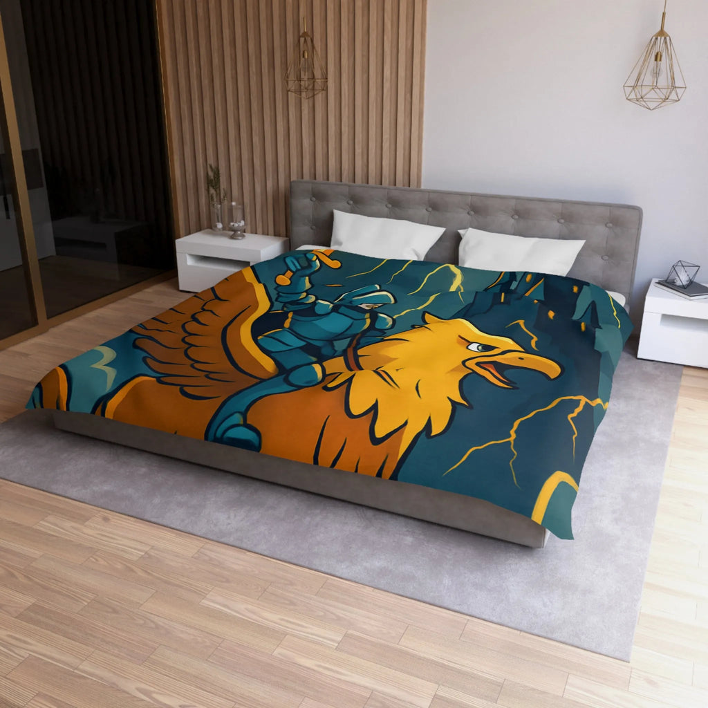 Housse de Couette Fantaisie avec Chevalier et Griffon Volant Devant Château Mystérieux
