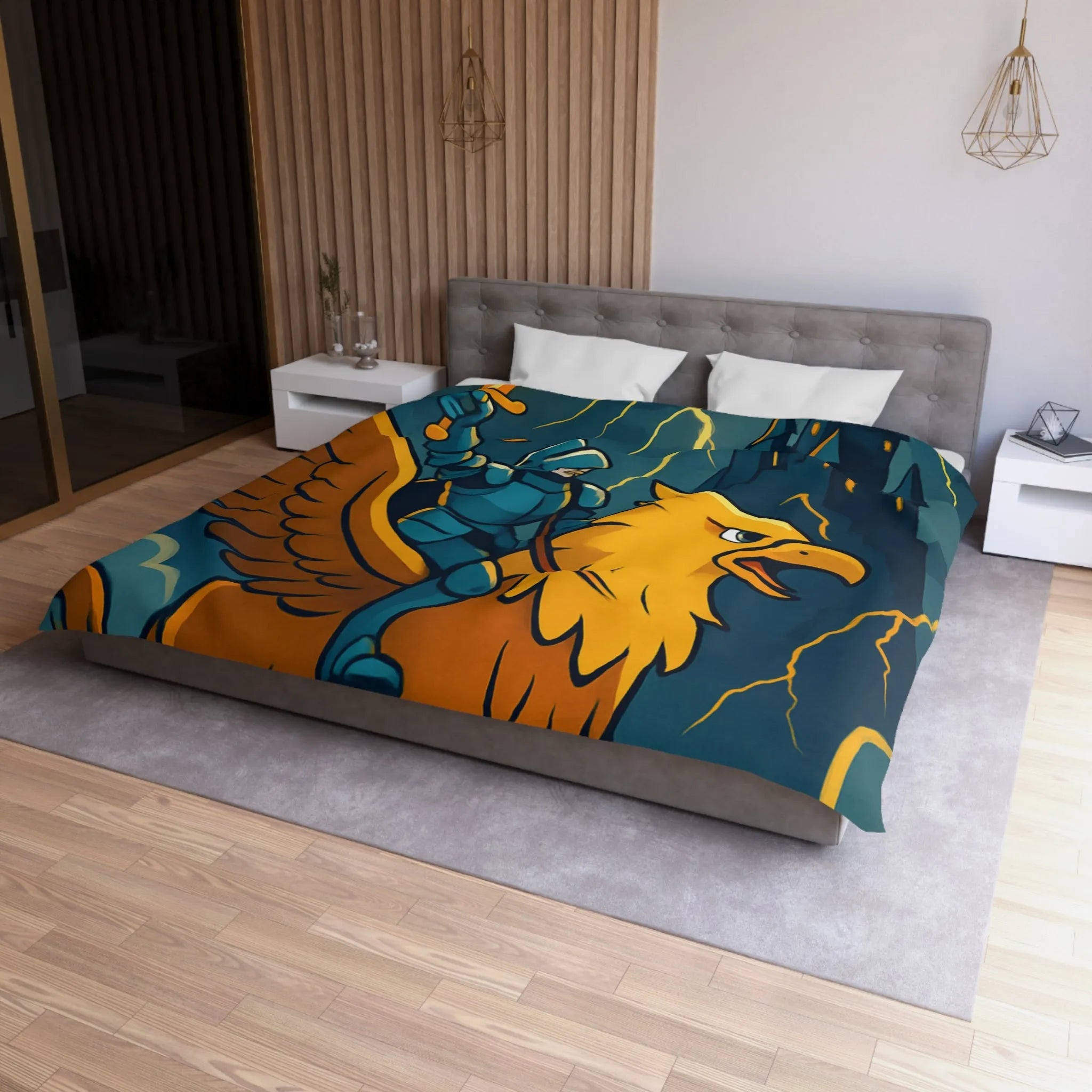 Housse de Couette Fantaisie avec Chevalier et Griffon Volant Devant Château Mystérieux
