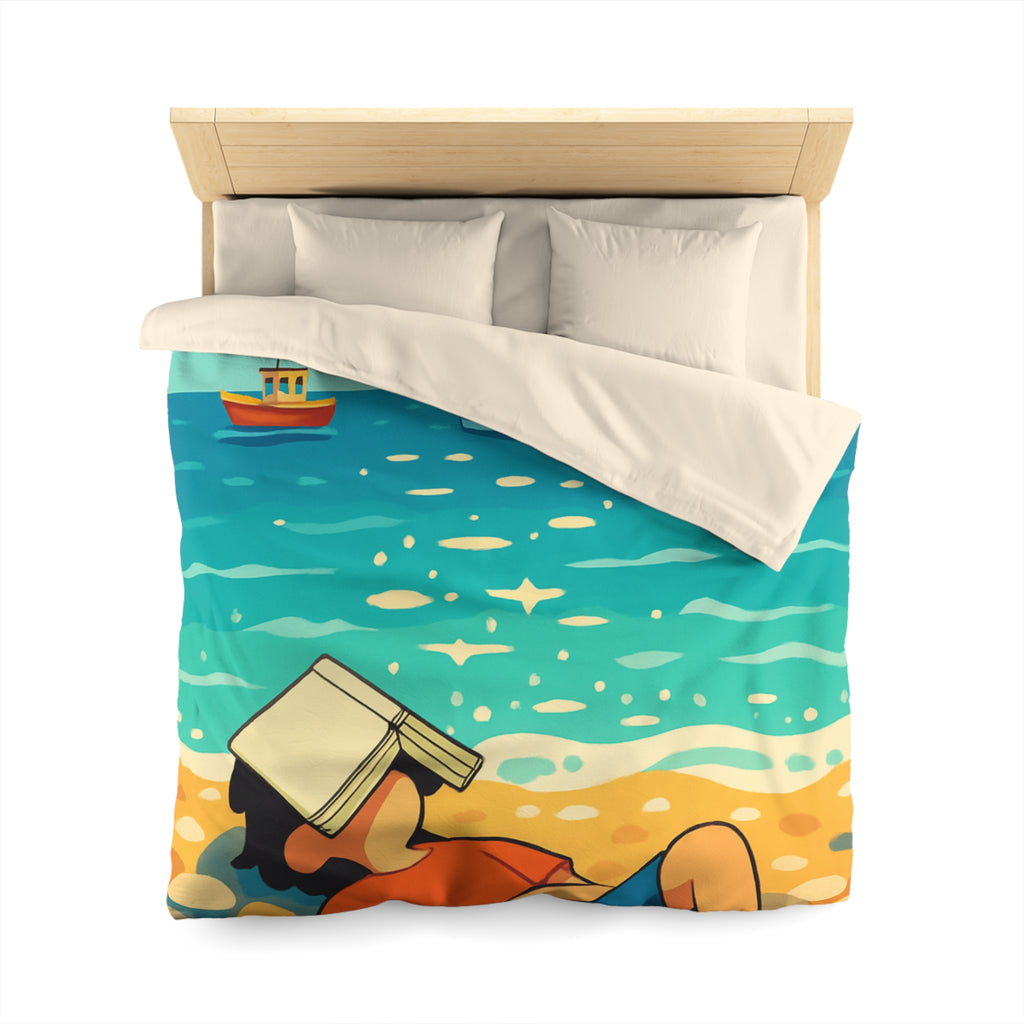 Housse de couette plage relaxante avec enfant, livre et mouettes en été ensoleillé