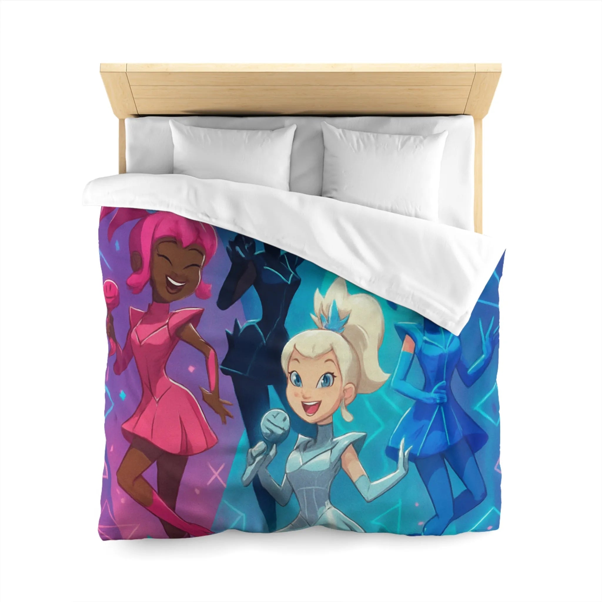 Housse de couette colorée avec personnages chantants et motifs géométriques lumineux