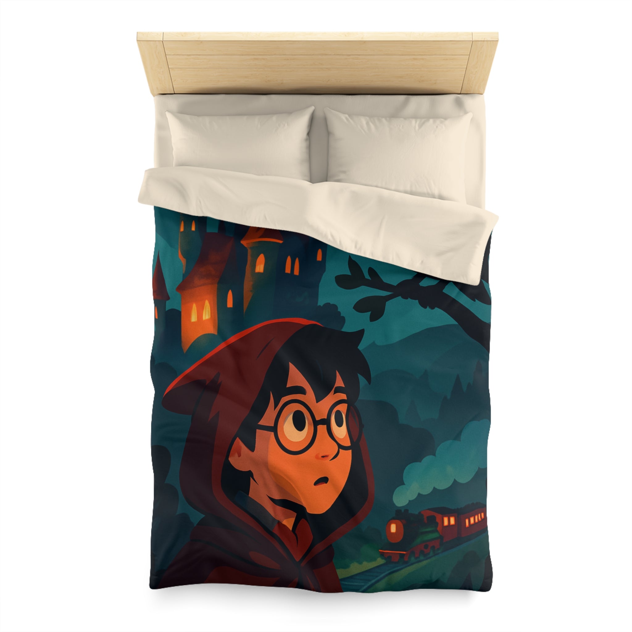 Housse de couette mystique avec château, héros et hibou pour chambre enchantée
